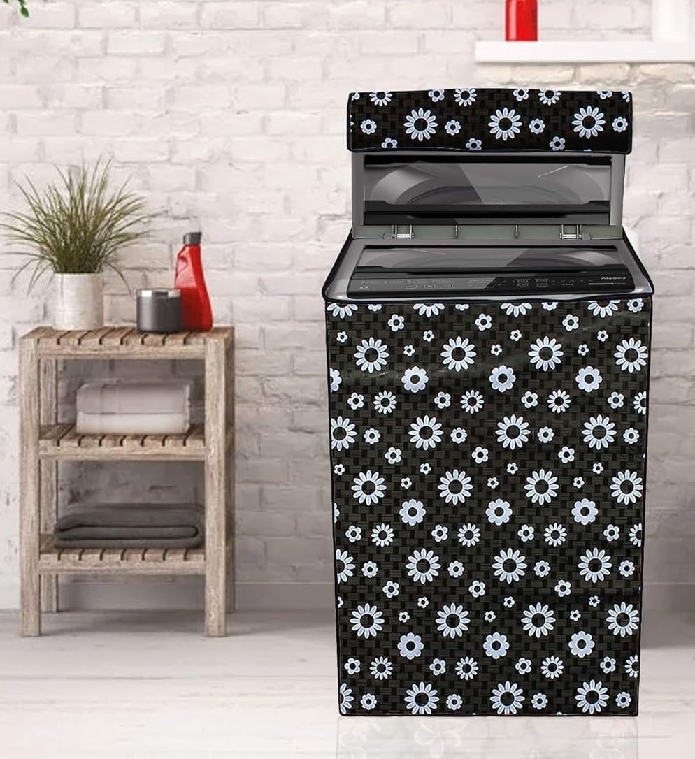 Black Floral Printed Pvc Waterproof & Dust-Proof Top Load Fully Automatic Decorative Washing Machine Cover for 6 kg, 6.5 Kg, 7 Kg & 7.5 Kg (Black, Pack of 1, Top Load) discount deal