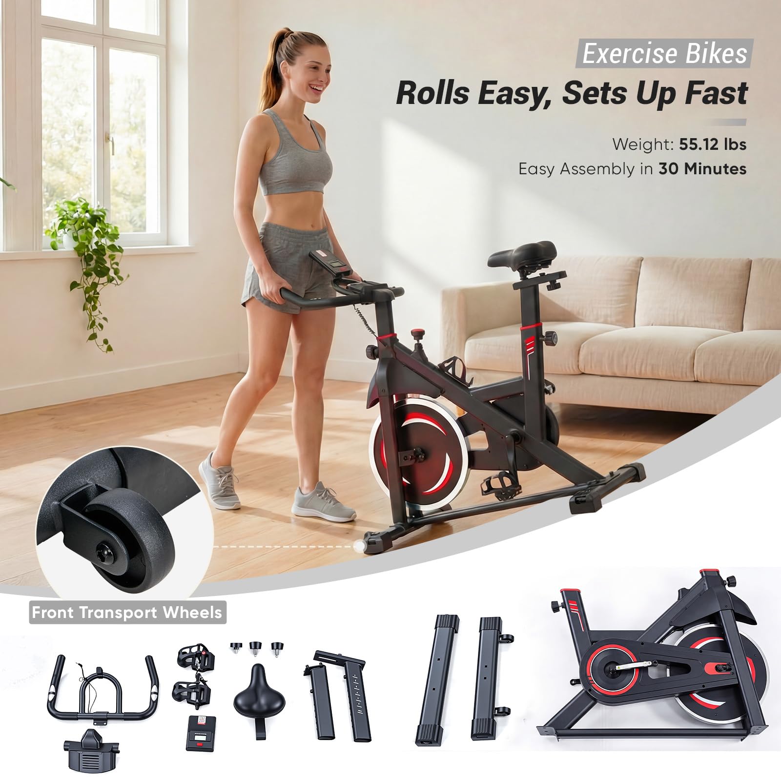 DUMOS Rower treningowy z aplikacją, rowery stacjonarne do domu, rower treningowy dla dorosłych i seniorów, regulowana wysokość i opór, niski poziom hałasu, nośność 120 kg, łatwa konfiguracja