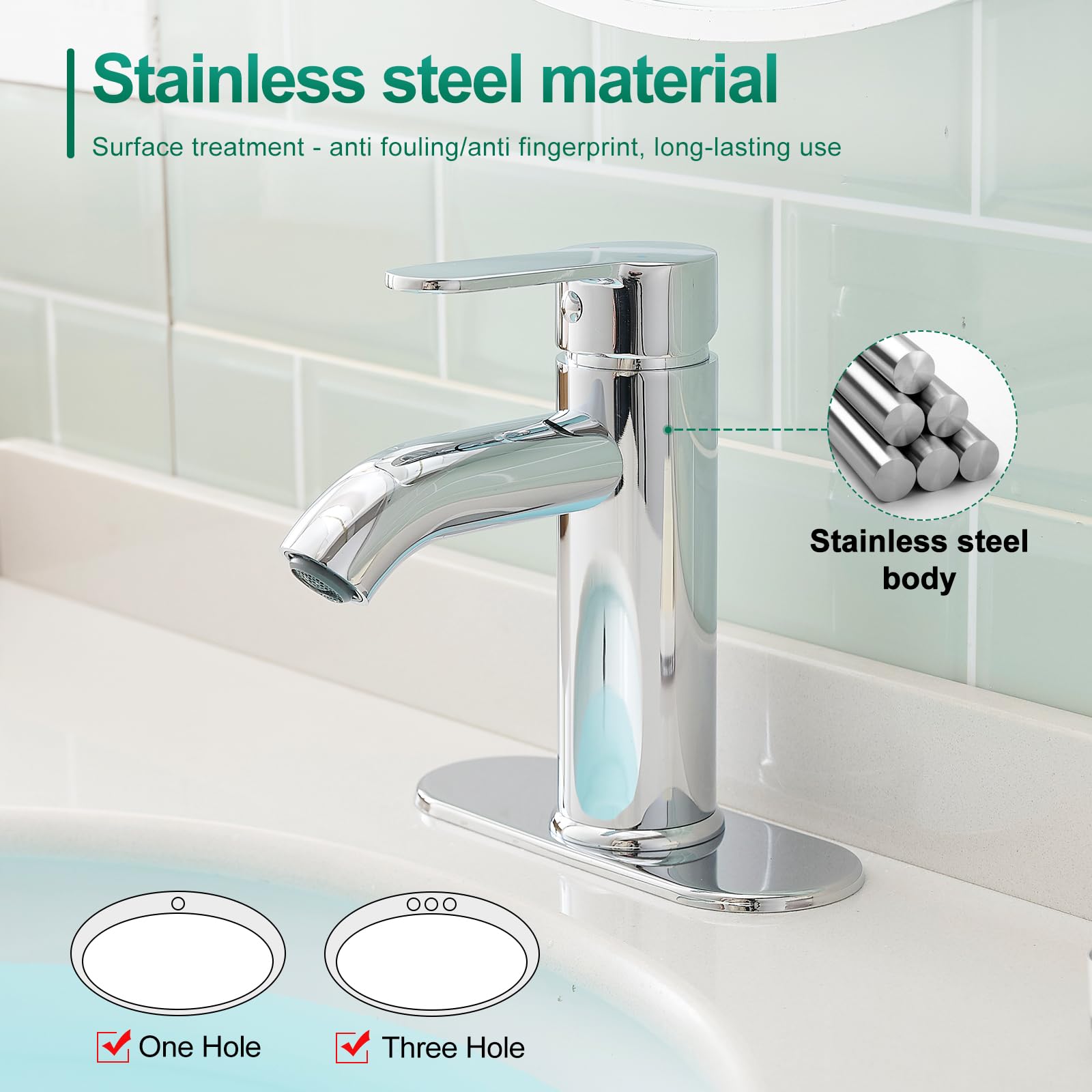 VOTON Chrome Bathroom Sink Faucet Single Handle Stainless Steel for 1 or 3 Hole Faucet for Bathroom Sink — view 7