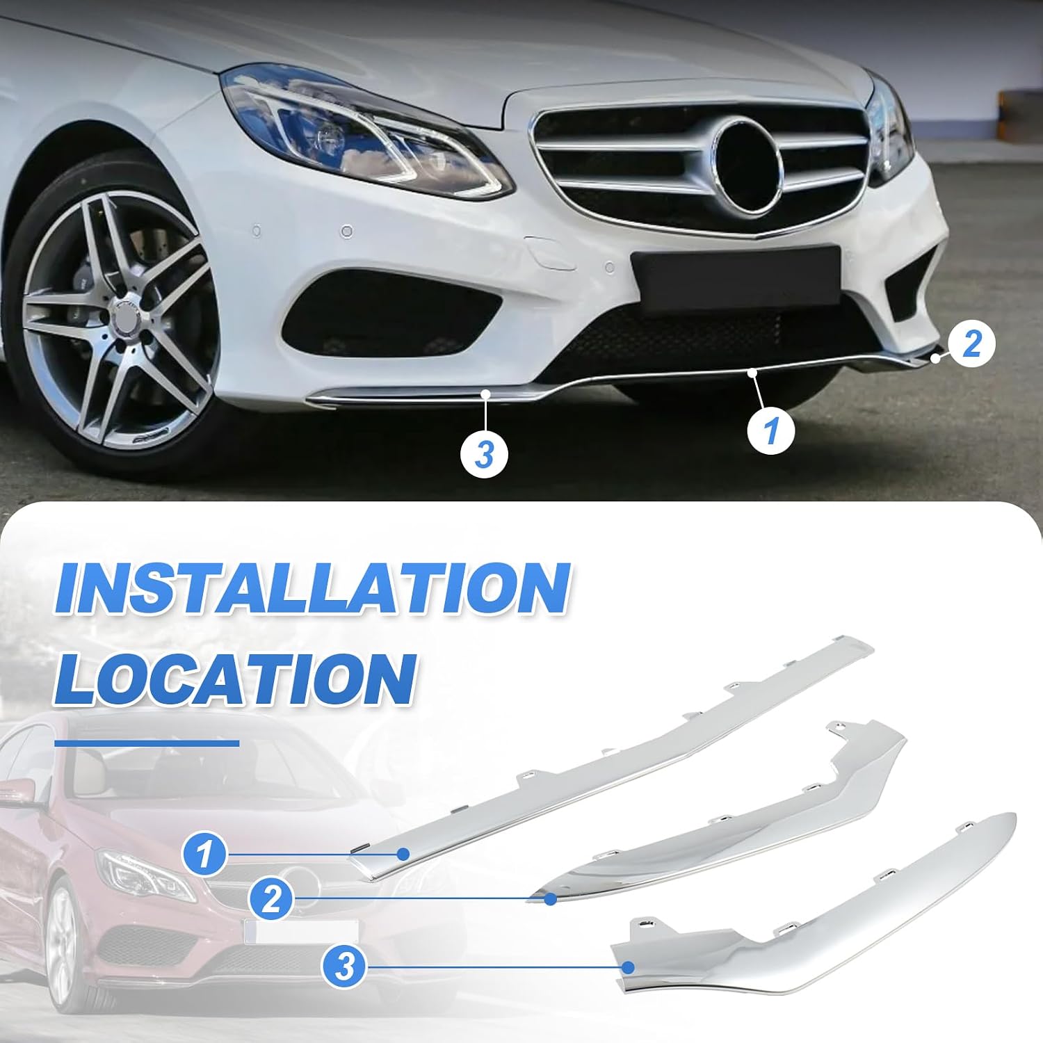 3Pcs Chrome Front Bumper Lip Moulding Trim Cover for Mercedes Benz E Class 2014-2016 W212 E250 E350 E400 E500 E550 (Not Fit 2 Door Coupe) Replacement for A2128852674, A2128852774, A2128852874