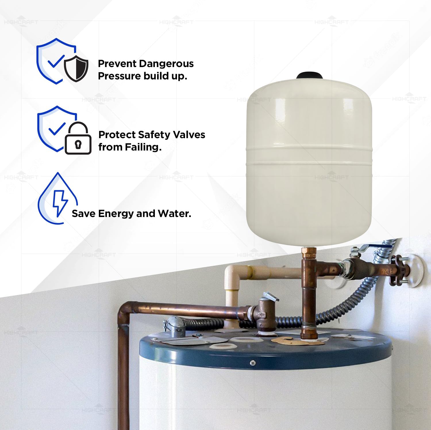 HIGHCRAFT GUU7 Thermal Expansion Tank for Hot Water Heater Carbon Steel Almond Color Holds 2.1 Gal, 2.1 Gallons