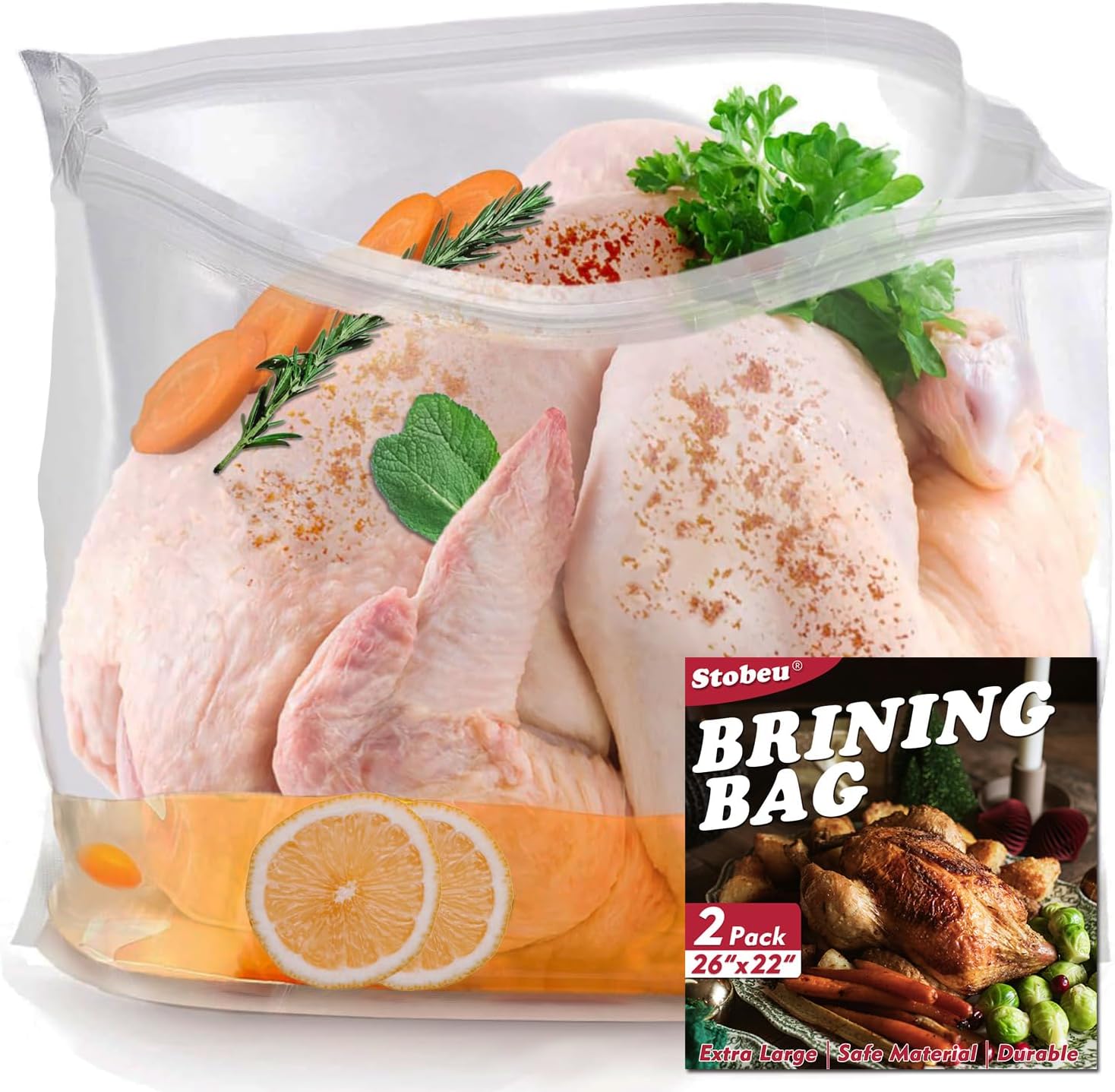 2 Pcs Brine Bag Thickened, 26"22" Extra Large Brining Bags for Turkey Holds Up to 35 Pounds, Heavy Duty with Gusseted Bottom, Double Track Zippers Seal for Brining Turkey, Chicken, Beef, Pork, Ham | Extra thick material, Double-track zippers, 26" x 22" size, BPA-Free&Food-Grade