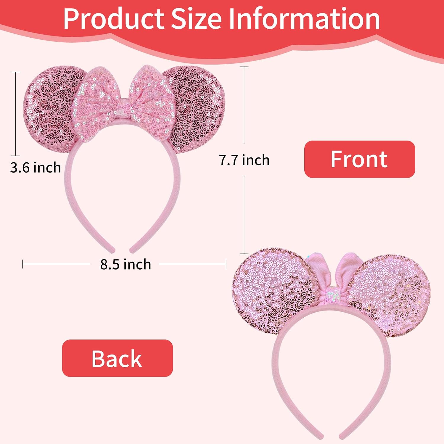 2 Pack Pink Purple Mouse Ears Headbands for Women Girls, Sequin Bow Headband for Cosplay Costume Birthday Party Decorations Hair Accessories