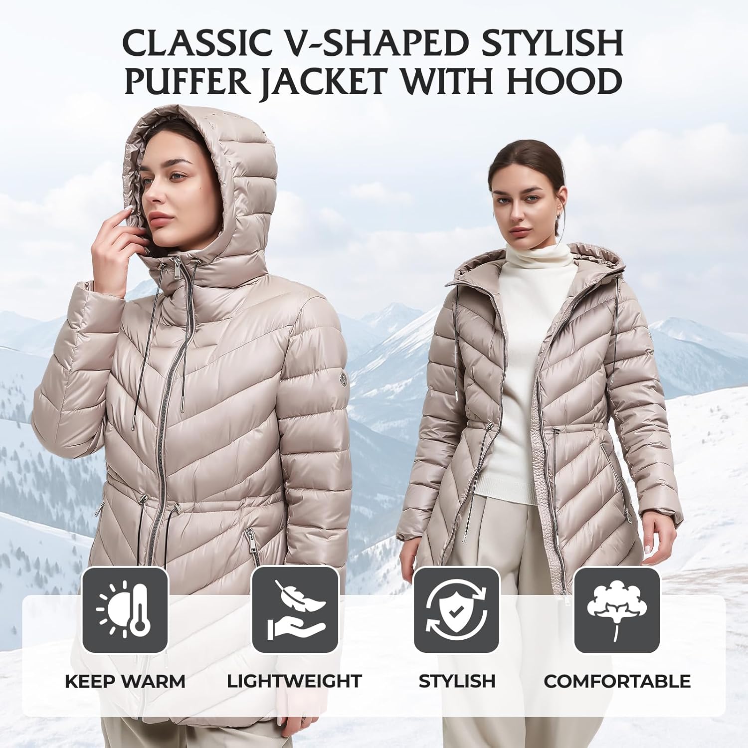 BINACL Women's Winter Warm Long Stylish Shiny Coat Outwear Pockets Quilted Thicken Hooded Parka Jacket with Adjustable Waist - Image 2