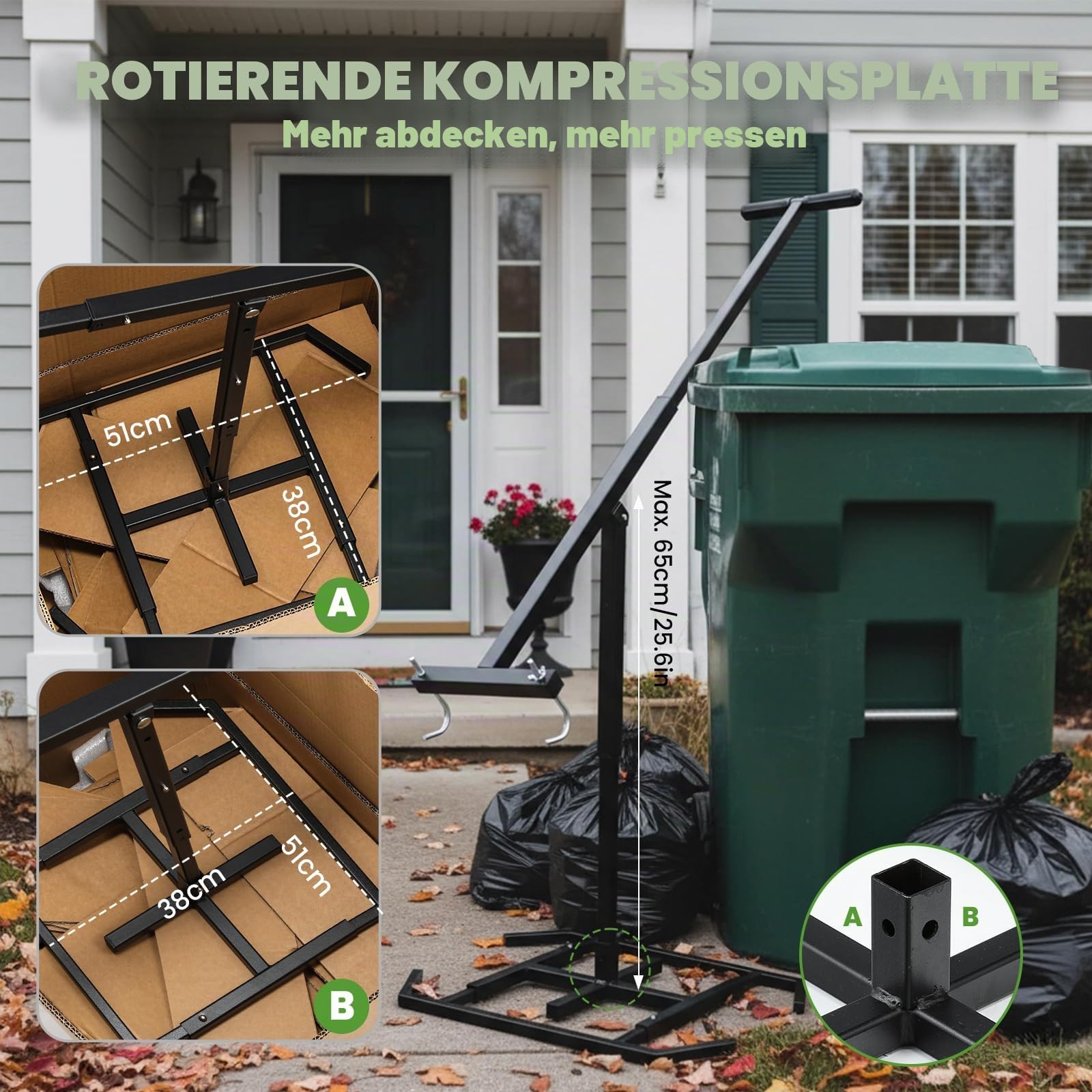 NEWTRY Vergrößerte Müllpresse für 360-660 l Mülltonnen | Abfallpresse mit 3 einstellbaren Einstellungen, drehbarer Sockel für Zuhause, Garten, Restaurant, Gemeinschaftspflege