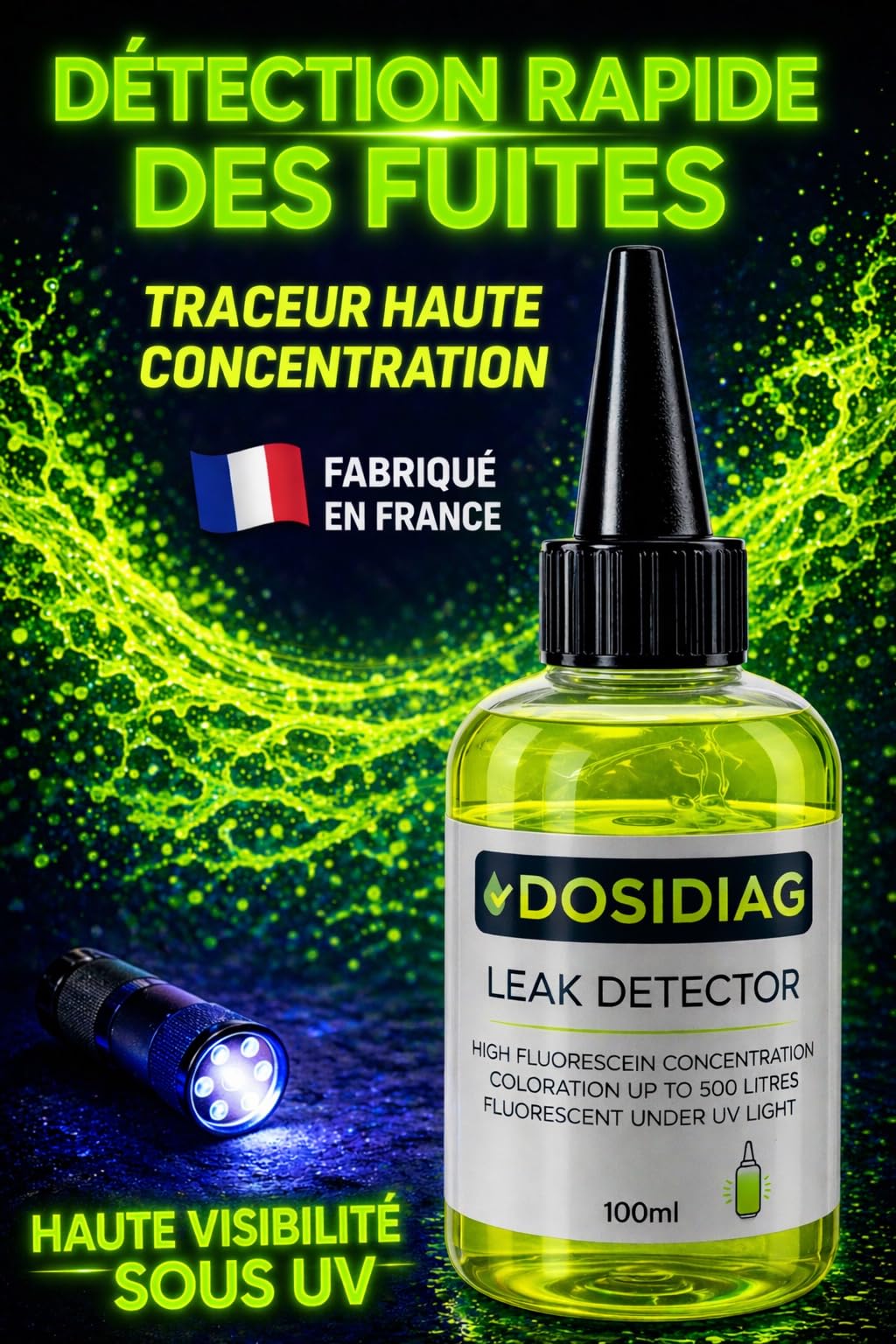 Détecteur de fuite DOSIDIAG - Fluorescéine haute concentration - Recherche fuite piscine SPA plomberie toiture voiture