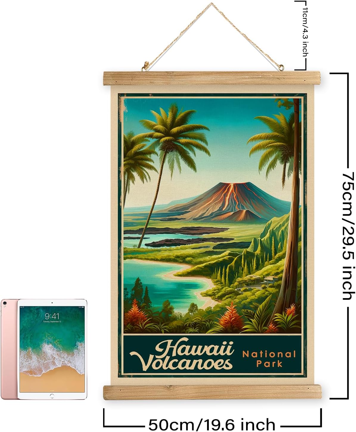 XIAOAIKA Vintage Hawaii Volcanoes National Park National Park Travel Poster with Wooden Scroll Frame – Holiday Decoration or Gift for Living Room, Bedroom, Office Wall Decor, Retro Art Print 20 x 30 Inches