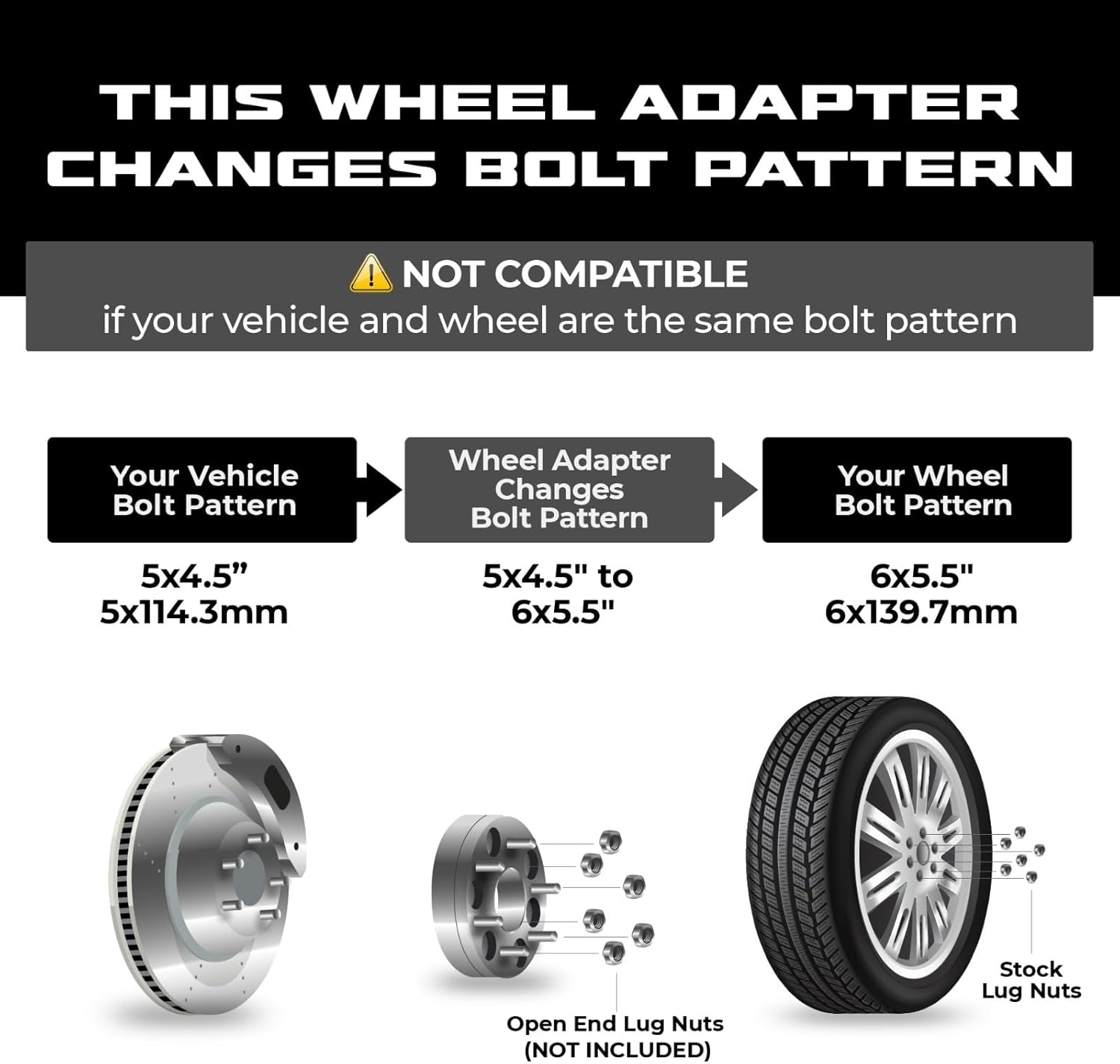EZAccessory 2 Wheel Adapter 5x4.5 to 6x5.5 (5x114.3 to 6x139.7) Thickness 2 inch