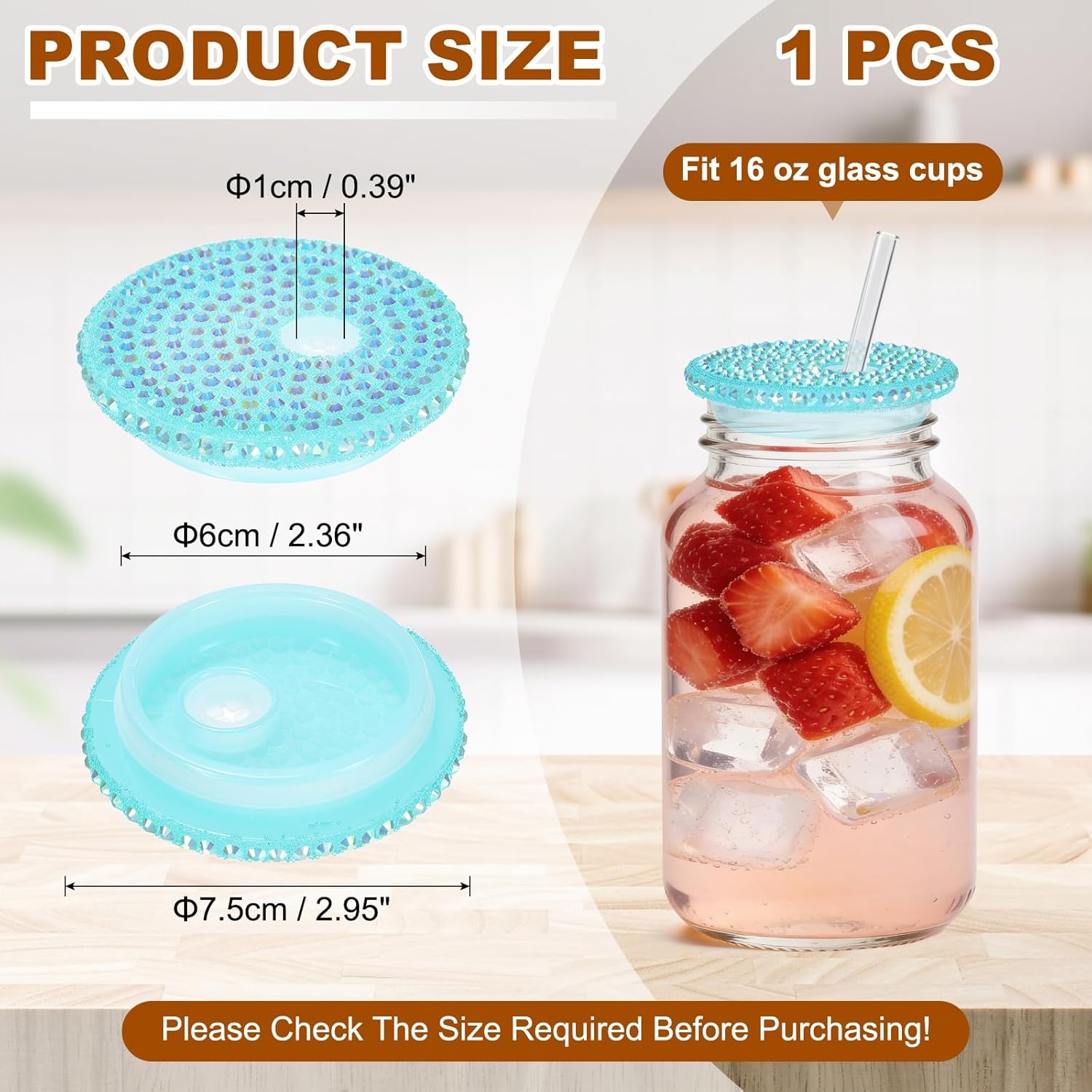 uxcell Acrylic Lids for 16 oz Glass, Reusable Plastic Tumbler Replacement Lids Rhinestone Canning Caps with Hole for Beer Can Drinking Glasses Tumblers, Light Blue Iridescent