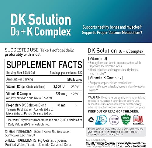 Miniatura 4 de DK Solution 120 cápsulas blandas x 2 botellas (vitamina D3 + complejo K) - Suplemento dietético para la salud ósea, dientes y muscular, apoyo