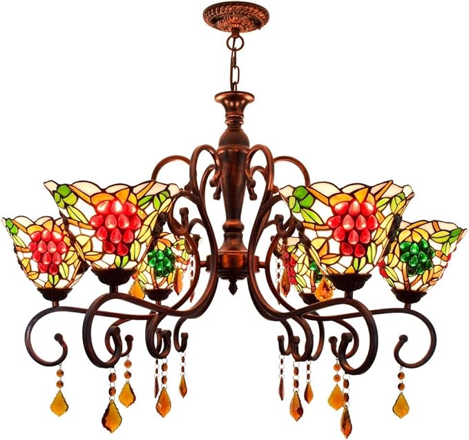 MANHONG Tiffany bracket lampen 32" Tiffany Chandelier Red brons koffie stand Crystal Druiven Lamp Kleurrijke luxaflex Inverted Ceiling Pendant Lamp For Lobby Living Opknoping Light Room Restaurant Bar Chande