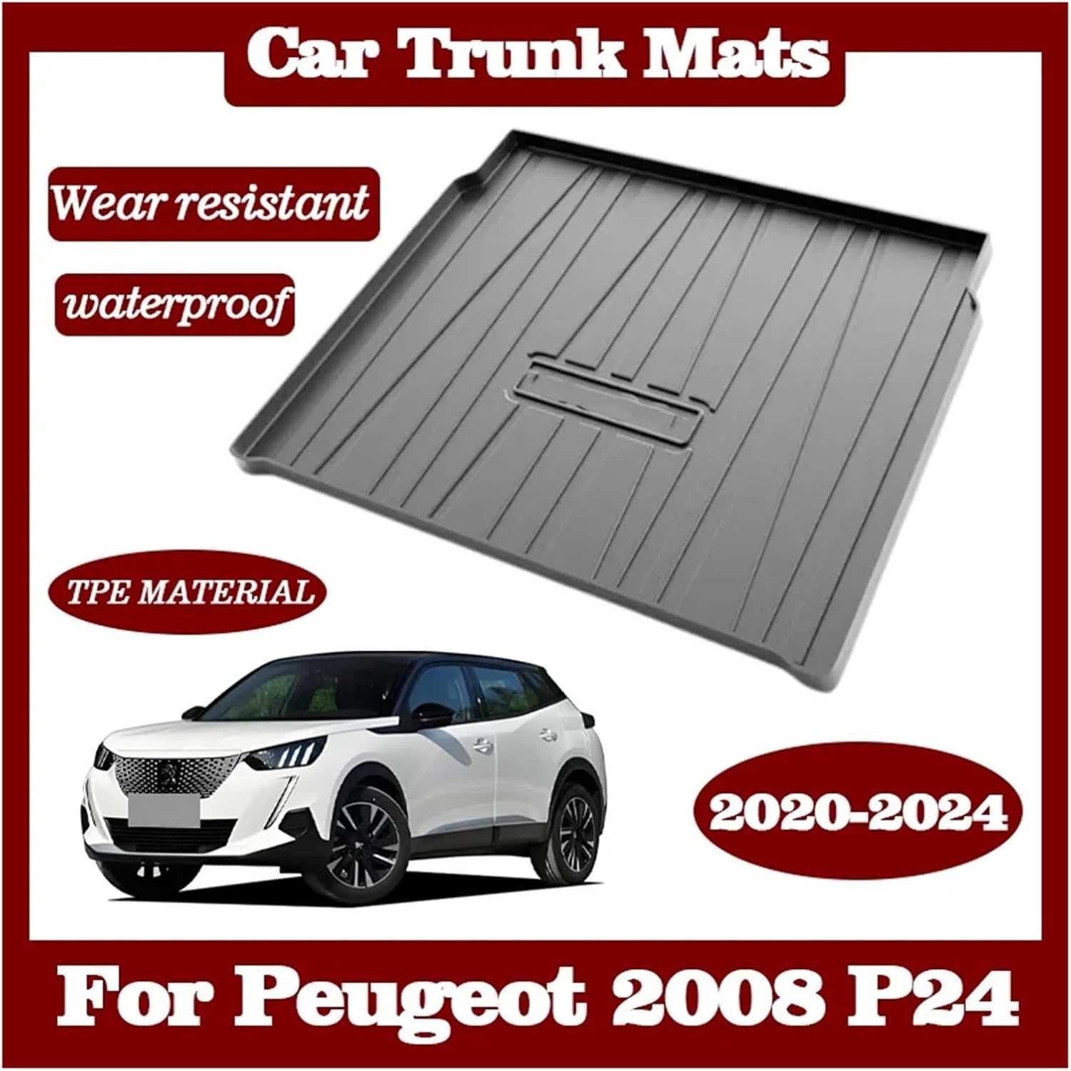 Car Trunk Mats Compatible with Peugeot 2008 P24 2023 2022 2020~2024 Waterproof Carpet TPE Cushion Cover Storage Pad Auto Parts