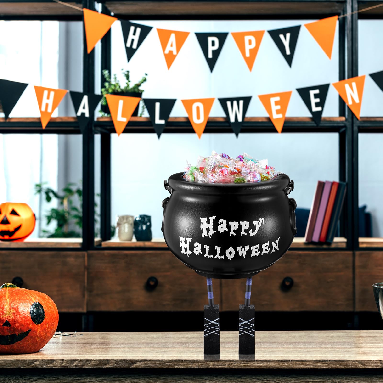 Succwoah Halloween Candy Bowl With Lighted Witch Legs - 24" Tall, Green & Black, Battery-Powered