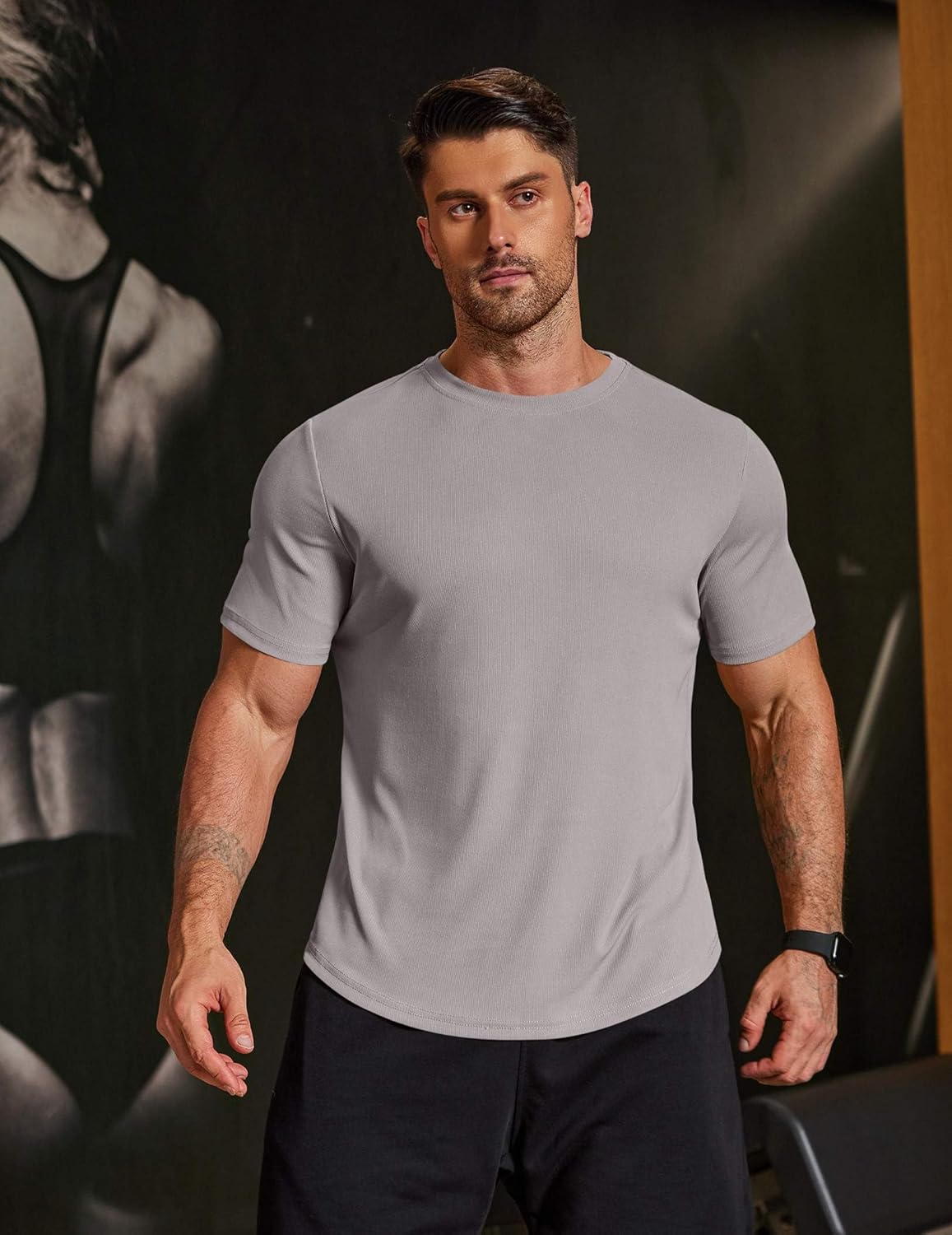COOFANDY Mens Muscle Shirt Short Sleeve Slim Fit T-Shirts Texture Crewneck Tees Longline Gym Workout Athletic Shirt - Image 3