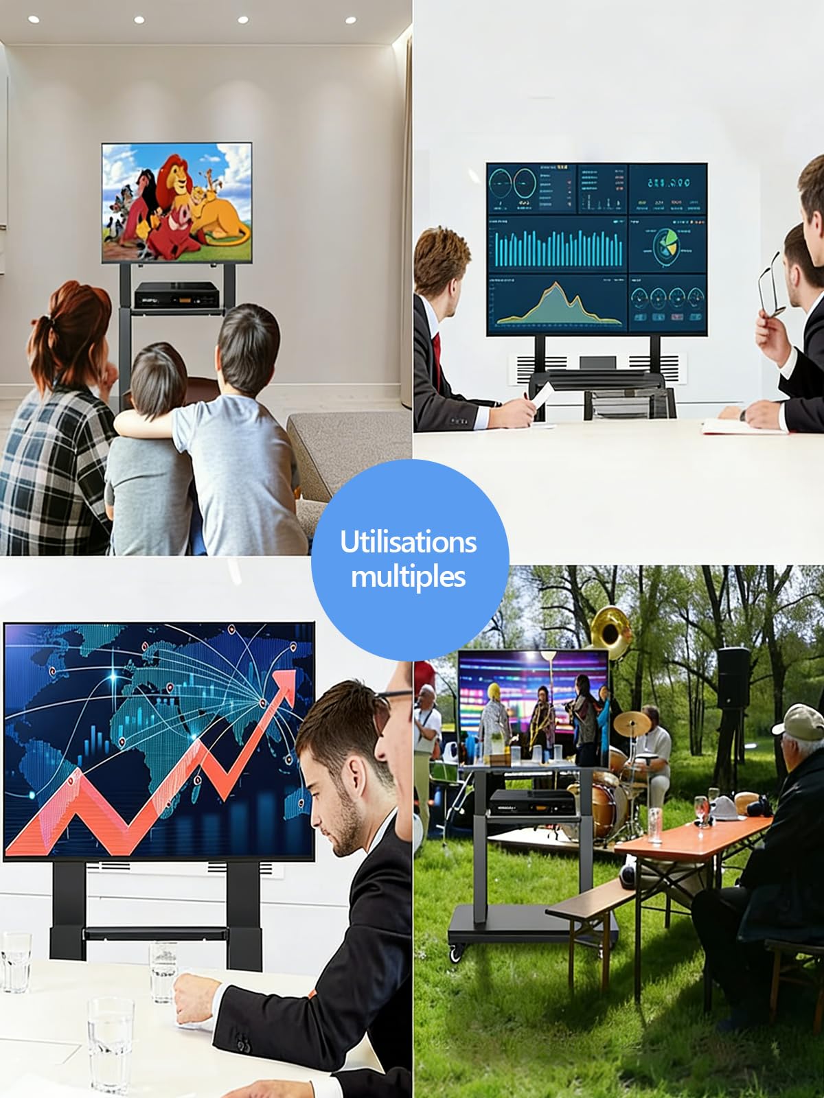 Hellsehen Support TV mobile, chariot TV roulant sur roulettes réglable en hauteur, support de sol robuste pour écrans plats LCD LED OLED de 32 à 190,5 cm, tableau intelligent mobile, capacité jusqu'à