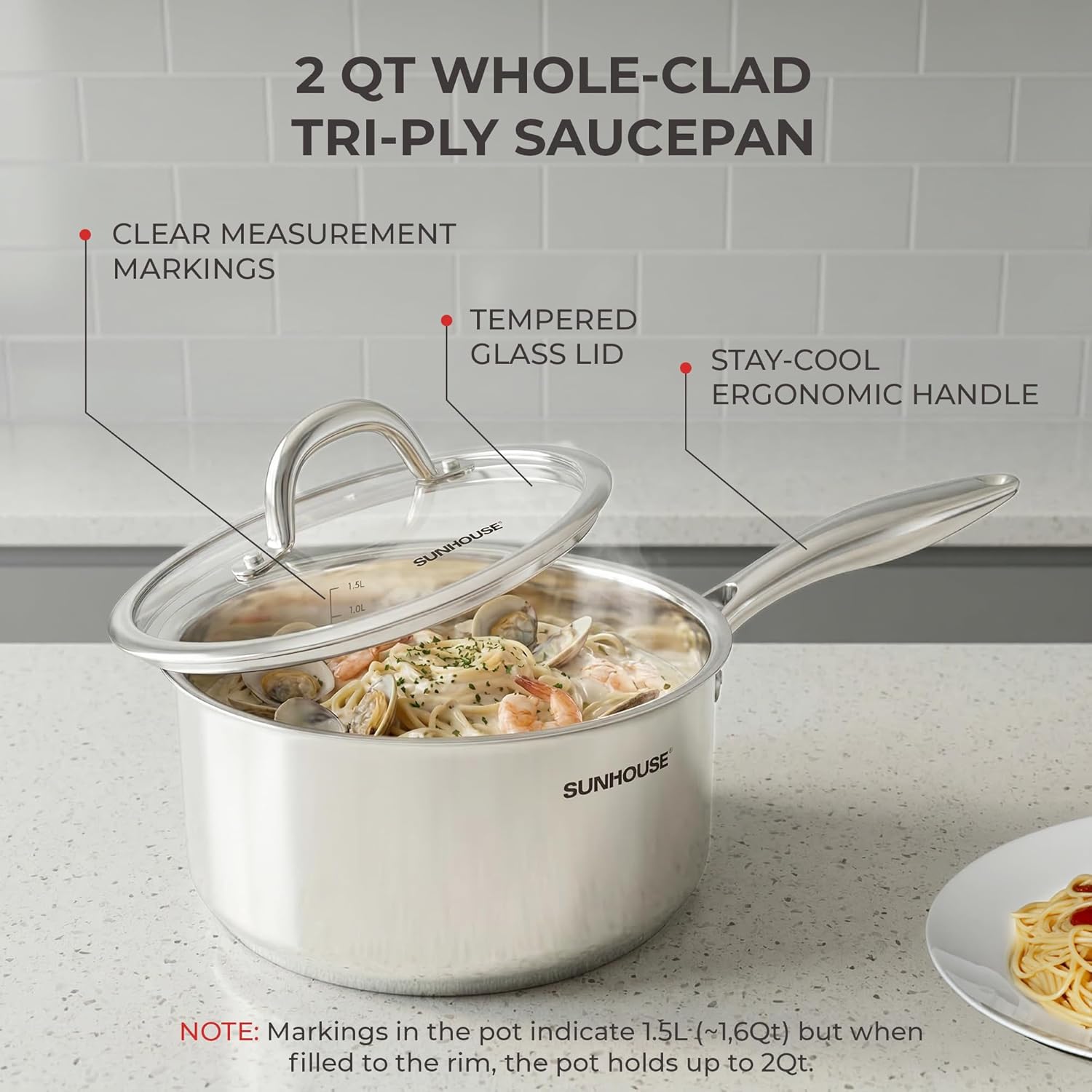 SUNHOUSE 2 Quart Whole-Clad Tri-Ply Stainless Steel Saucepan with Glass Lid, Premium 18/8 Stainless Steel, Even Heat Distribution, Induction Ready, Stay-Cool Handle, Dishwasher Safe