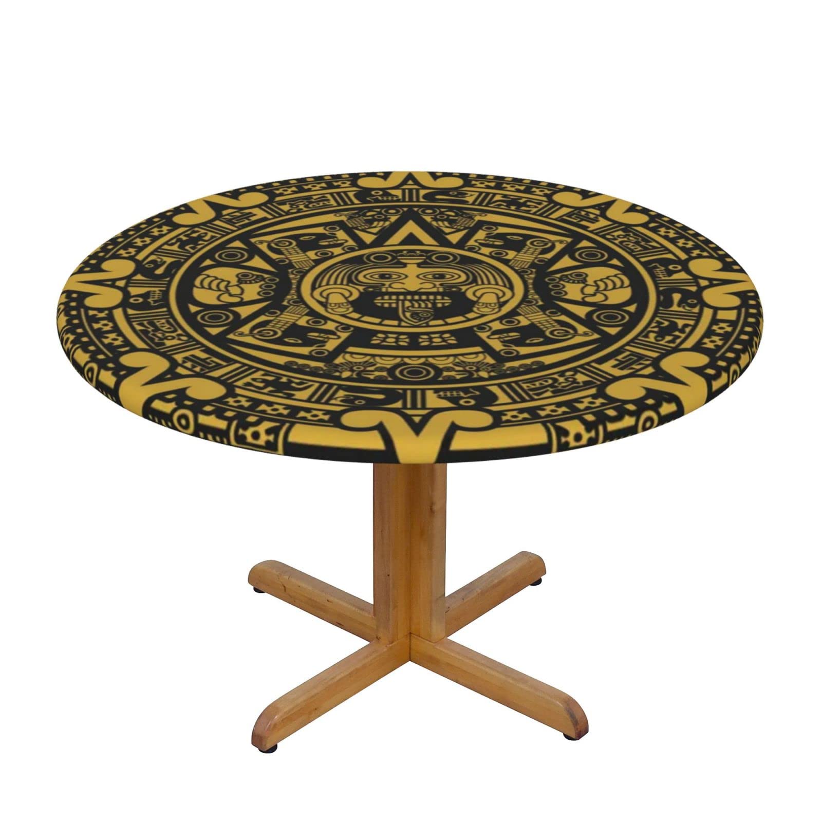 Lsjuee Round Fitted Tablecloth 45-50in Elastic Edged Table Cloth for Kitchen Dining Party Home Decor - Maya Style Gold Symbol