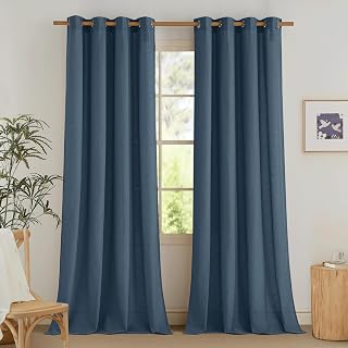 NICETOWN Semi Sheer Flax Linen Navy Blue Curtains 96 inches Long, Grommet Thick Linen Curtains Privacy Added with Light Filtering Window Treatments for Bedroom, W55 x L96, 2 Panels