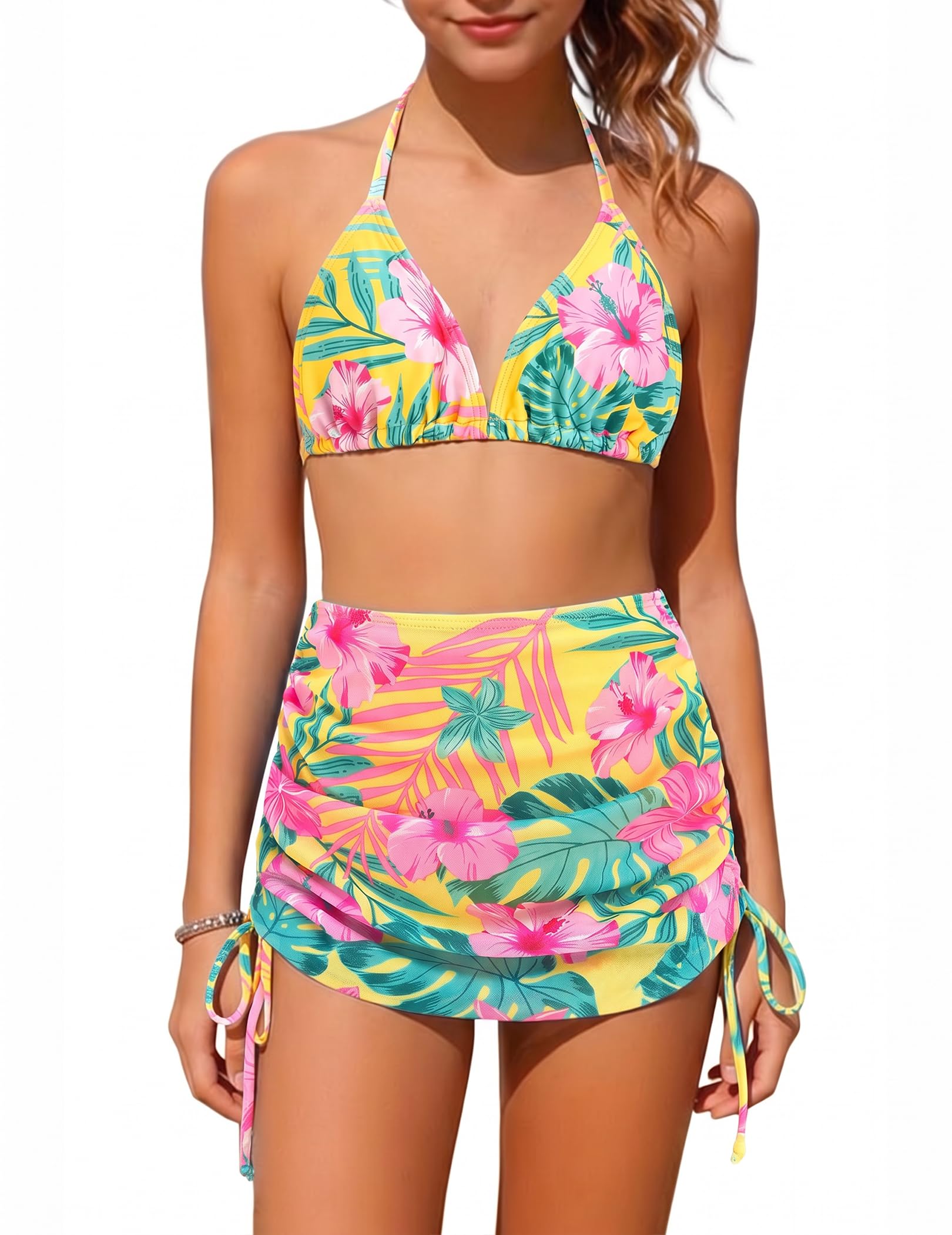 Arshiner Mädchen Bikini Set 3-teilig Kinder Neckholder Badeanzuge mit Rock Sommer Blumendruck Schwimmanzug für Mädchen 7-15 Jahre