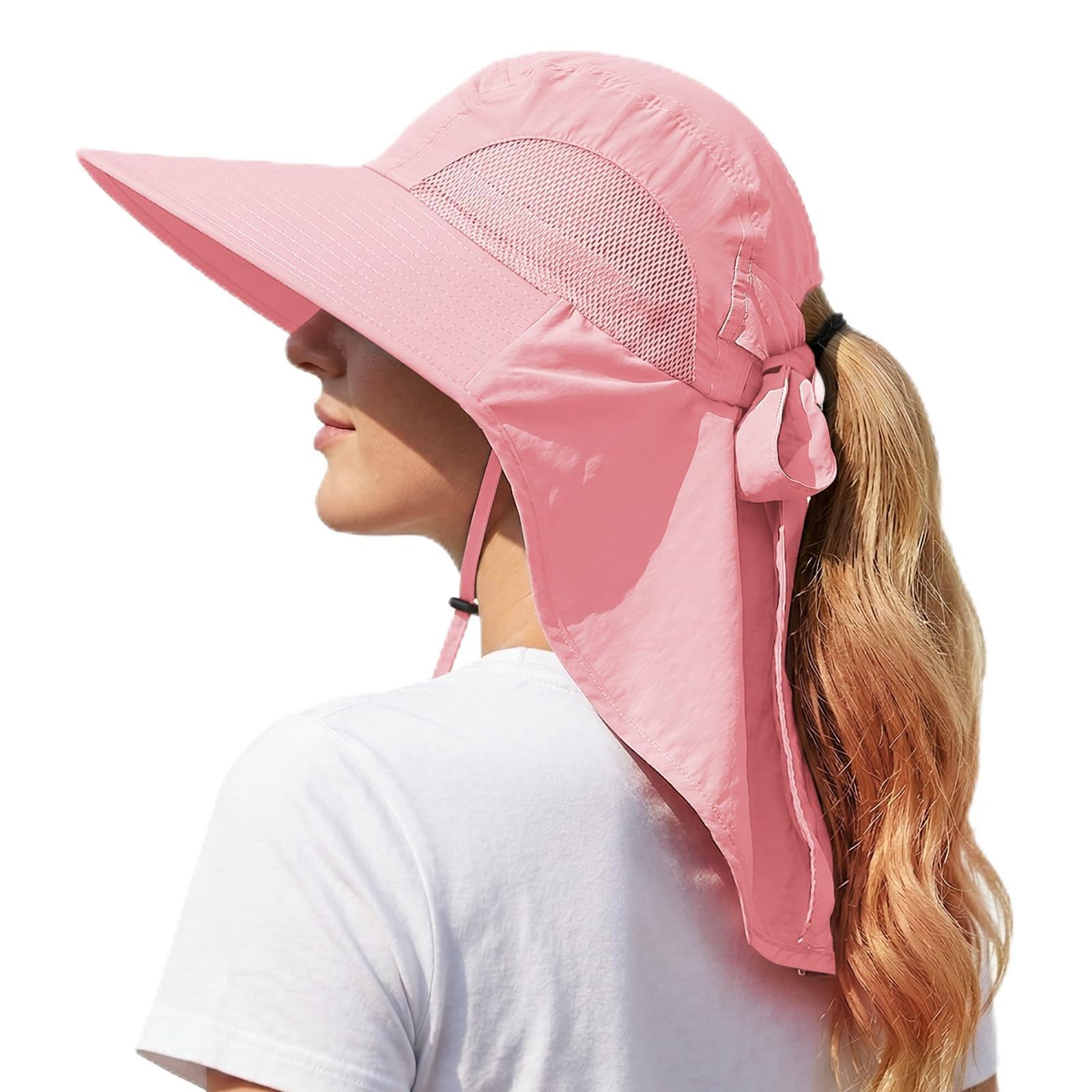 DRESHOW Outdoor Wide Brim Sun Hat with Neck Flap for Women UPF 50+ Foldable Adjustable Breathable Mesh UV Protection Beach Fishing Hats with Ponytail Hole