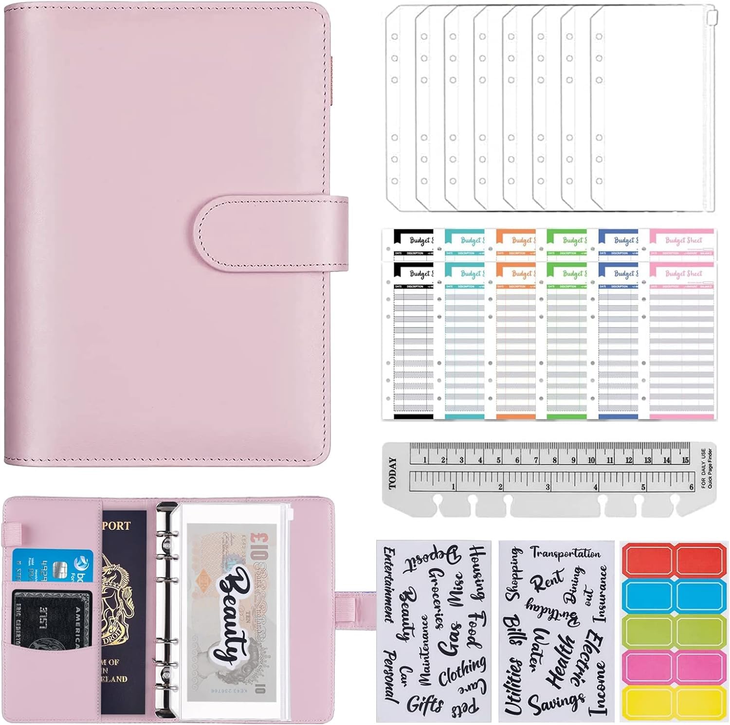 Liotiz Binder Notebook Organiser with Zipper Envelopes, Money Saving Binder with Magnetic Buckle Closure, Money Folder Wallet, PU Leather, A6 Size