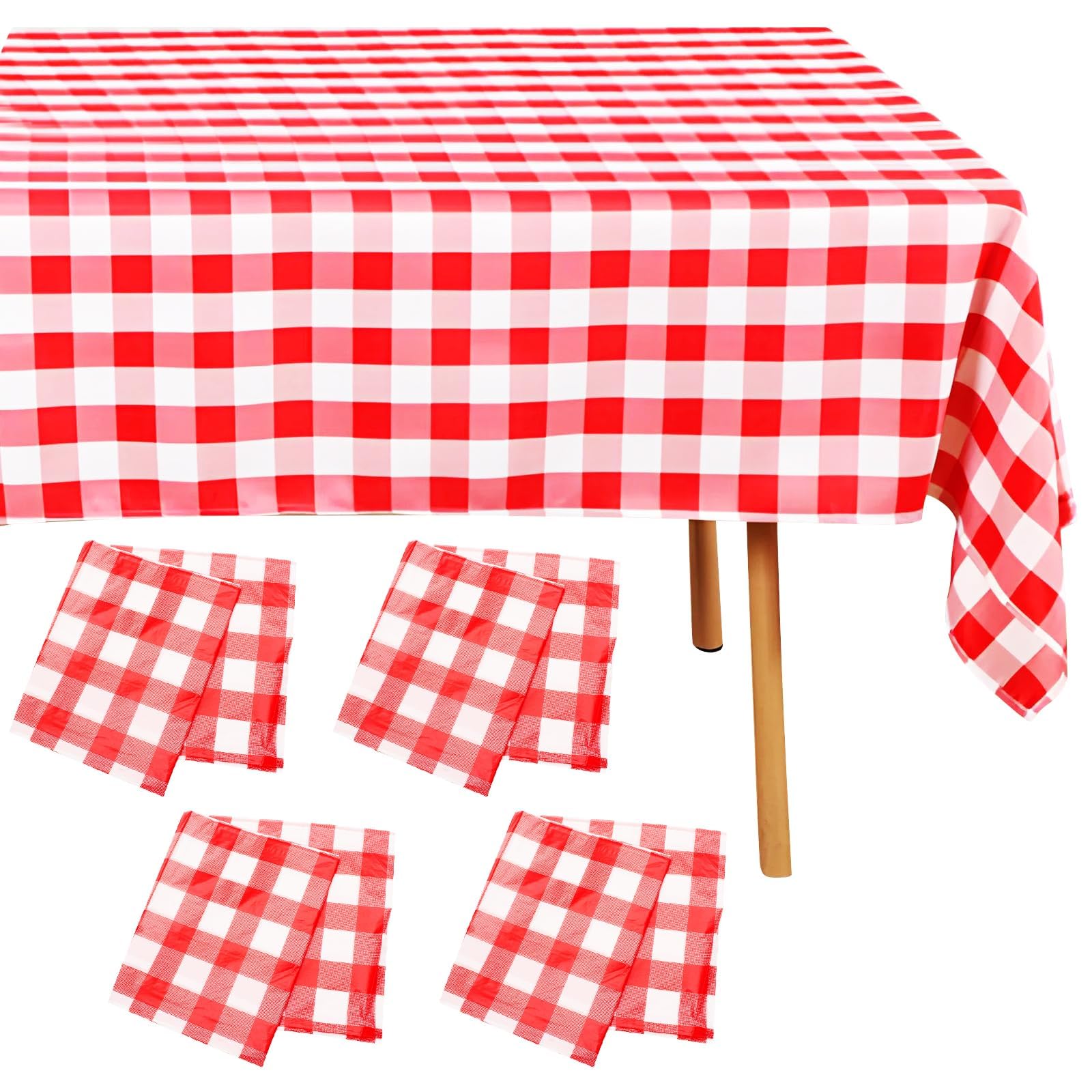 Wynlora 8Pcs Red Gingham Pattern Tablecloth, 137 * 274cm Plaid Party Table Cover Wipe Clean Oil-proof Rectangular Plastic Tablecloths for Parties Wedding Birthday Picnic BBQ Holiday Outdoor Supplies