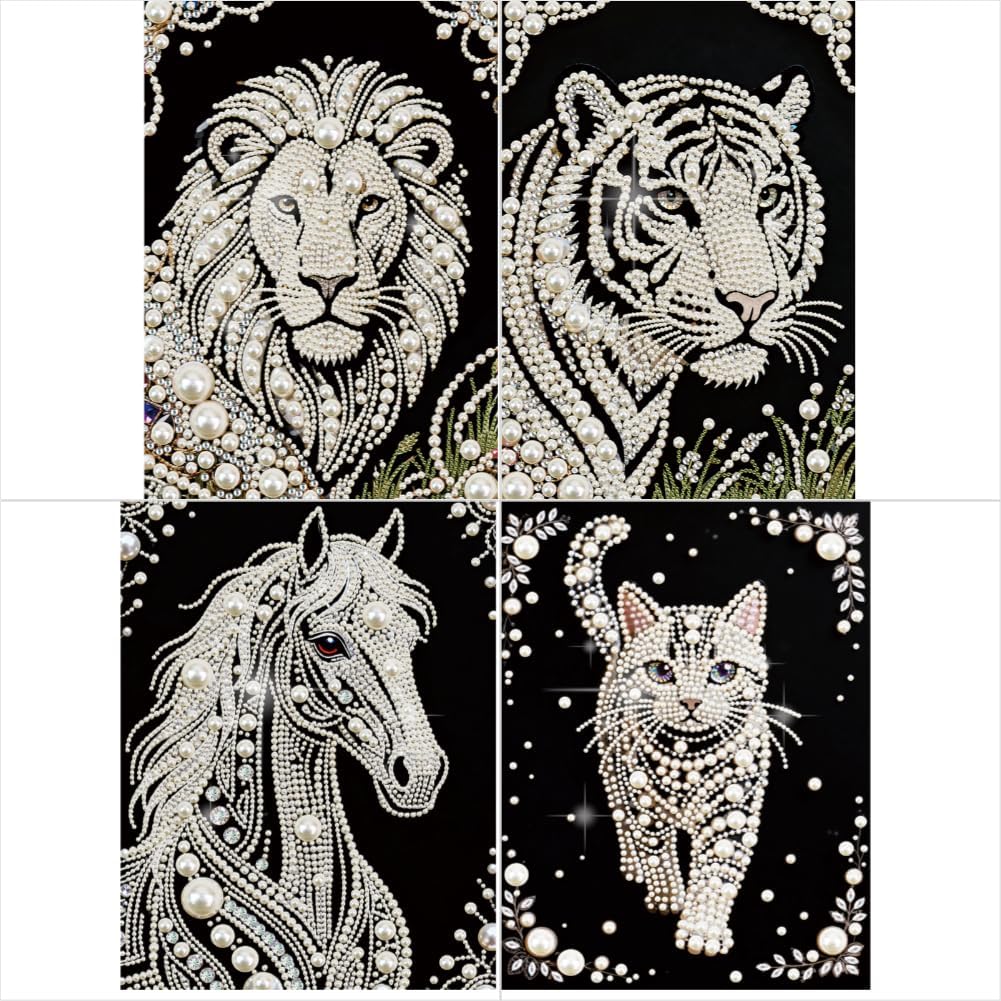 4pcs Handmade Tiger Lion Cat Horse Special Shaped Diamond Art Painting, Crystal Bee and Flower Pearl Painting Texture DIY Gem Art Kit 30x40cm, Creative Gift Home Decor for Anniversary Birthday