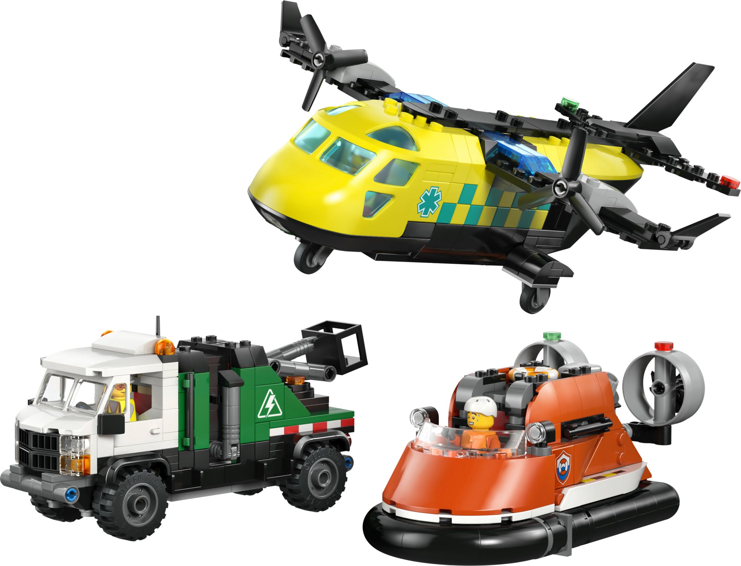 LEGO City 3-en-1 Avion, Camion d’Assistance et Aéroglisseur Modulable - Jeu de Construction - Maquettes de Véhicules de Secours à Combiner - 3 Minifigurines - Idée Cadeau STEM pour Garçon 7 Ans 60505