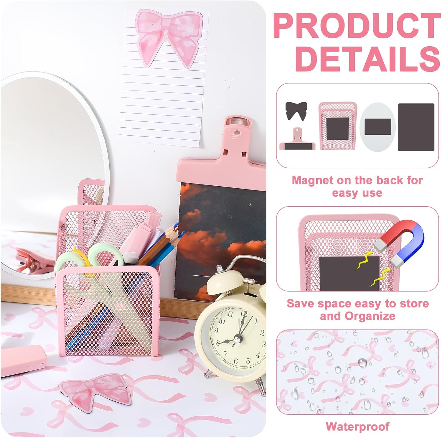 Newtay 14 Pcs Pink Locker Accessories Kit - Magnetic Locker Organizer Decorations with Bow Wallpaper, Mirror, Whiteboard, Dry Erase Pen, Pen Holder, Area Rug, Clips, Magnets for Dorm Office Gym
