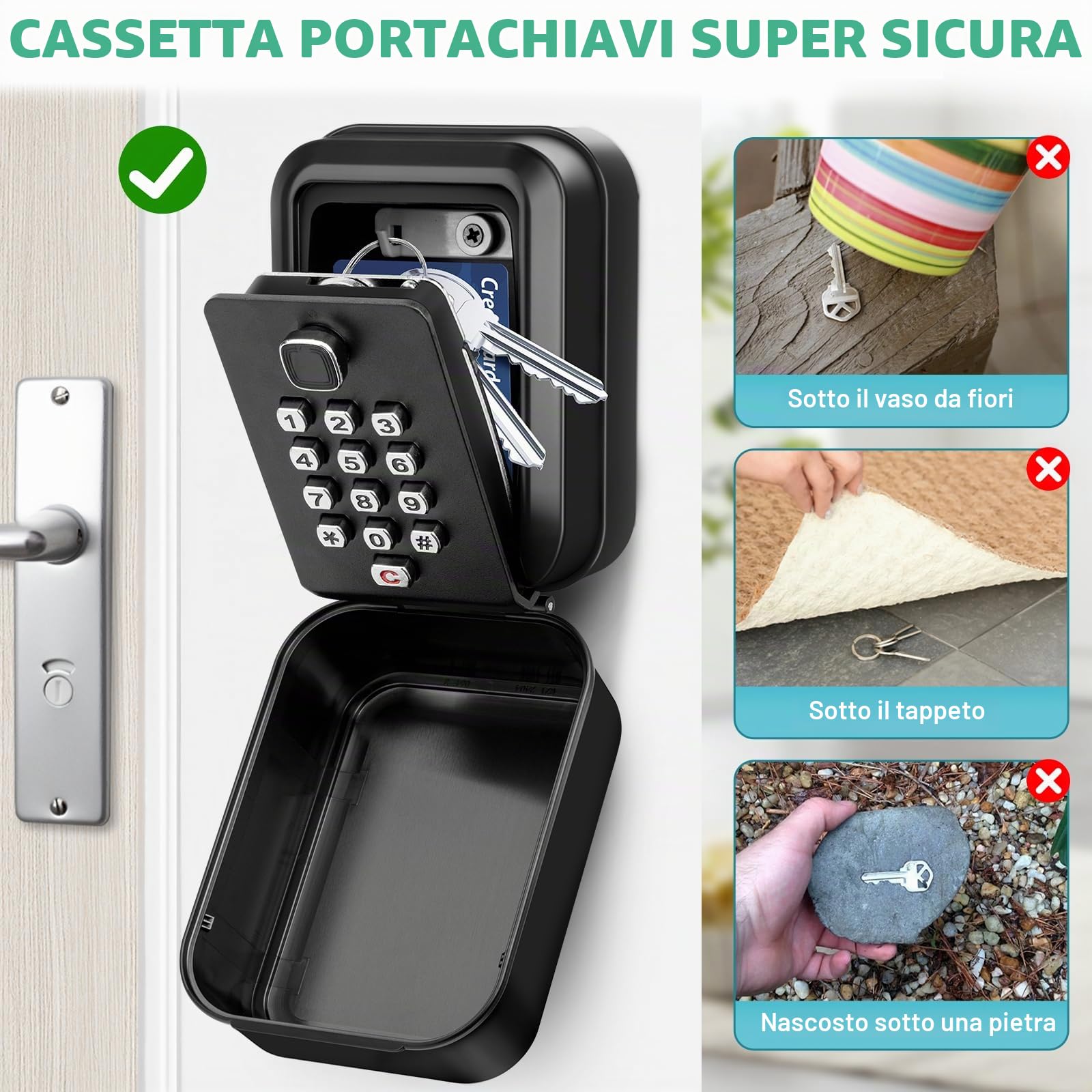 Cassetta Sicurezza Chiavi Grand Cassetta Chiavi con Codice 12 Cifre Cassaforte Chiavi Esterno Impermeabile Antiruggine e Robusto Cassetta Portachiavi Muro per Casa, Scuola, Garage-Nero