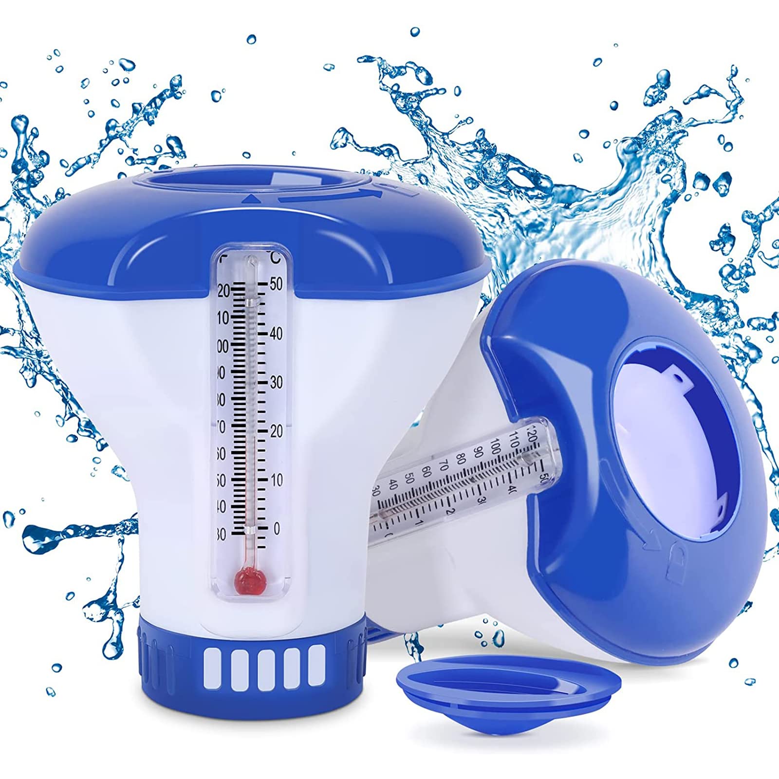 NVIVN Flotador De Cloro para Piscina, 2 Dispensadores Flotantes De Cloro, Cloro Flotante para Piscina, Dispensador De Cloro para Spas De Piscina De Jacuzzi (con Termómetro)