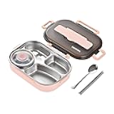 Ausenzup Bento Lunch Box, Portable 304 Stainless Steel Lunch Box 1.3L Four Compartment Bento Box Containers With Soup Bowl Chopsticks Spoon - for Office, Camping, Picnic, Travel (Pink)