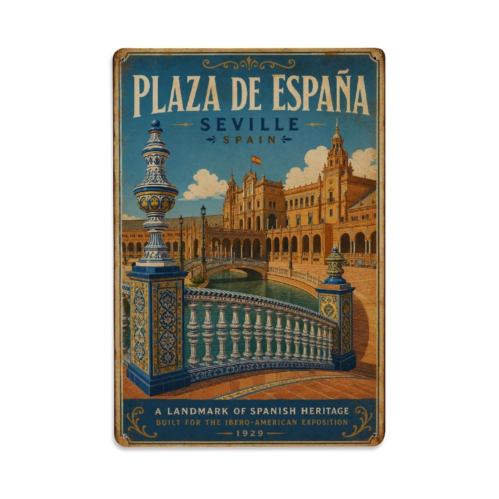 Vintage Plaza Espana Balustrade Ceramic Details Tiles Spain Metal Tin Sign