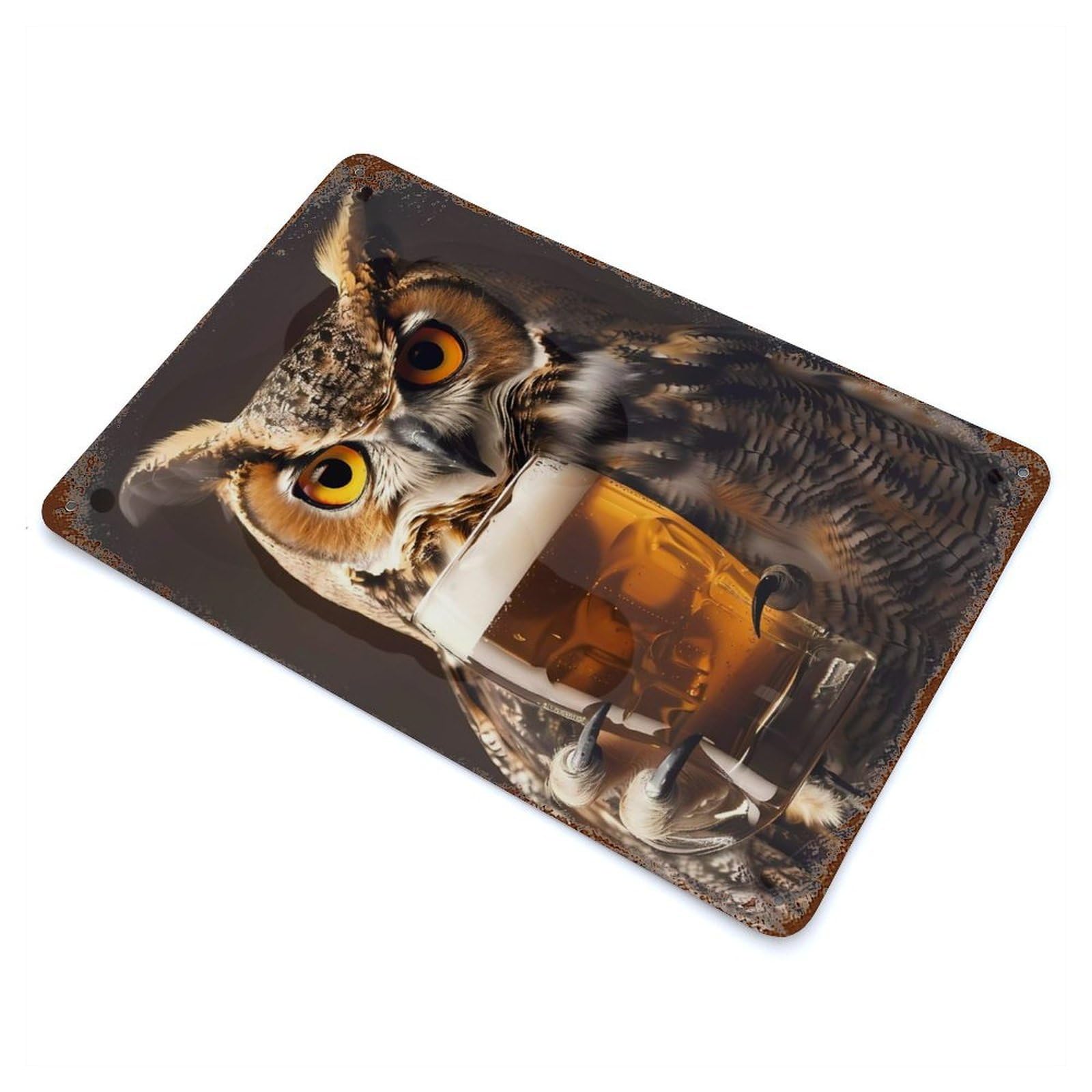 Rust Effect Owl Beer Decorative Tin Sign 11.8"x7.9", Vintage Wall Decor for Farmhouse, Kitchen And Entryway Decor
