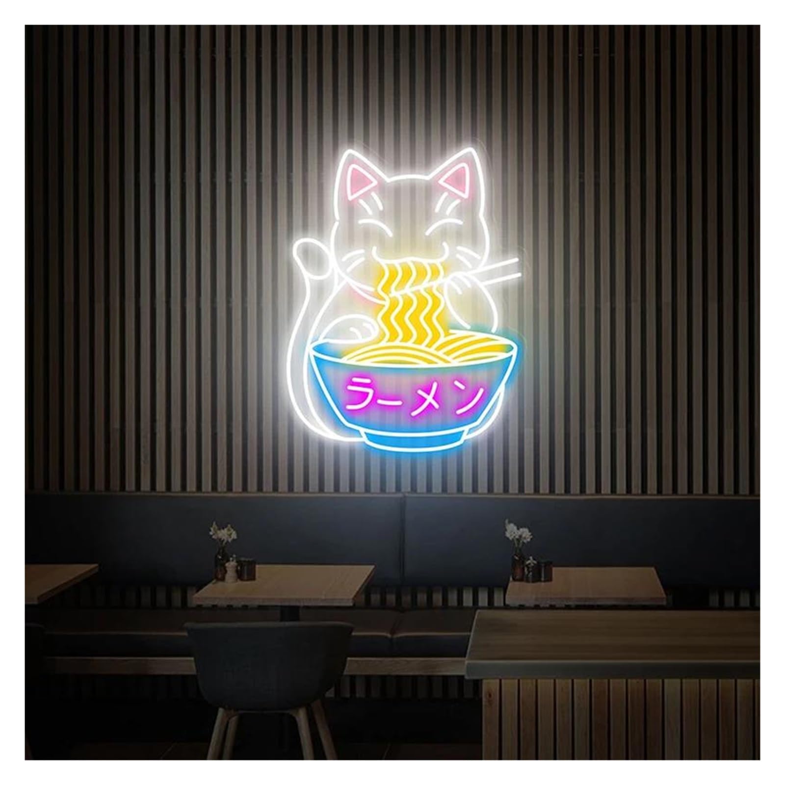 Lemst B Signs Lamp Fortune Cat Ramen Neon Sign Japanese Ramen Neon Signs Suitable For Shop Wall Decor Neon Lights 50Cmx38cm(B)