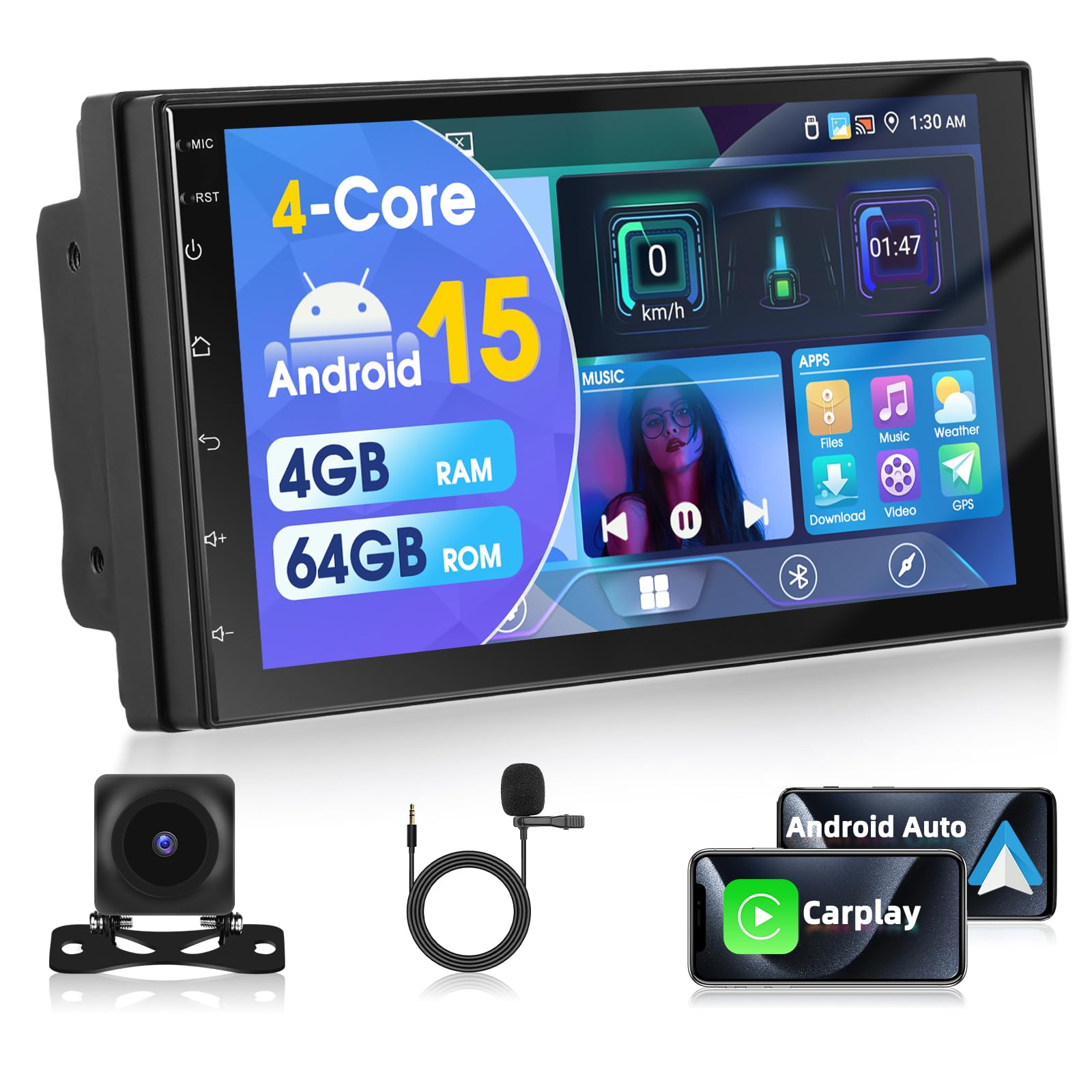 Autorradio Estéreo 2 DIN Motorsi [4+64 GB] con Android 15.0, Pantalla Táctil HD de 7 Pulgadas, Bluetooth 5.0, GPS, WiFi, FM, RDS, EQ, Doble USB y AHD, Cámara y Micrófono
