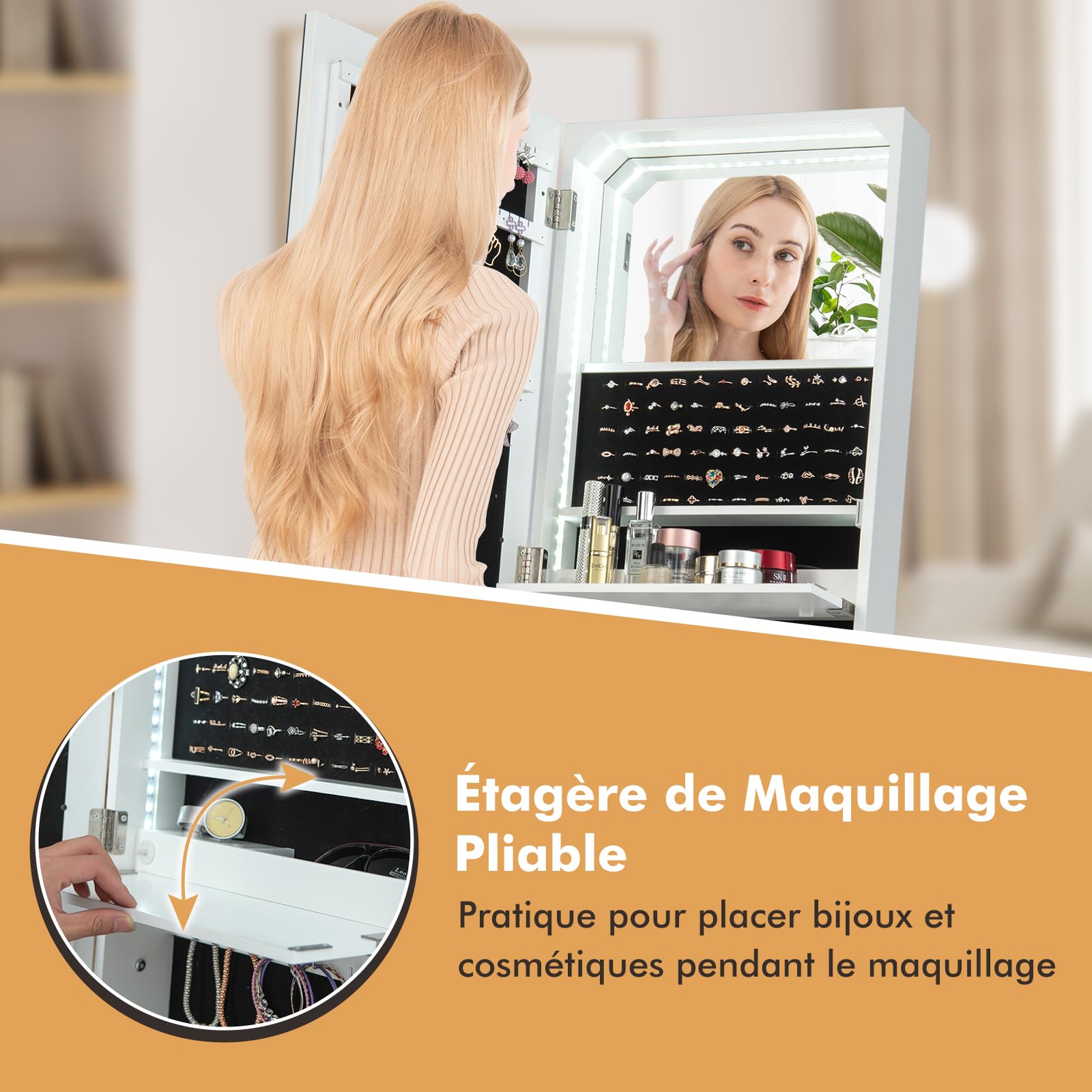 GOPLUS Armoire à Bijoux 2 en 1 avec Miroir Pleine Longueur, Organisateur de Bijoux Mural avec Lumières LED Automatiques, Armoire de Bijoux Verrouillable pour Chambre, Vestiaire (Noir