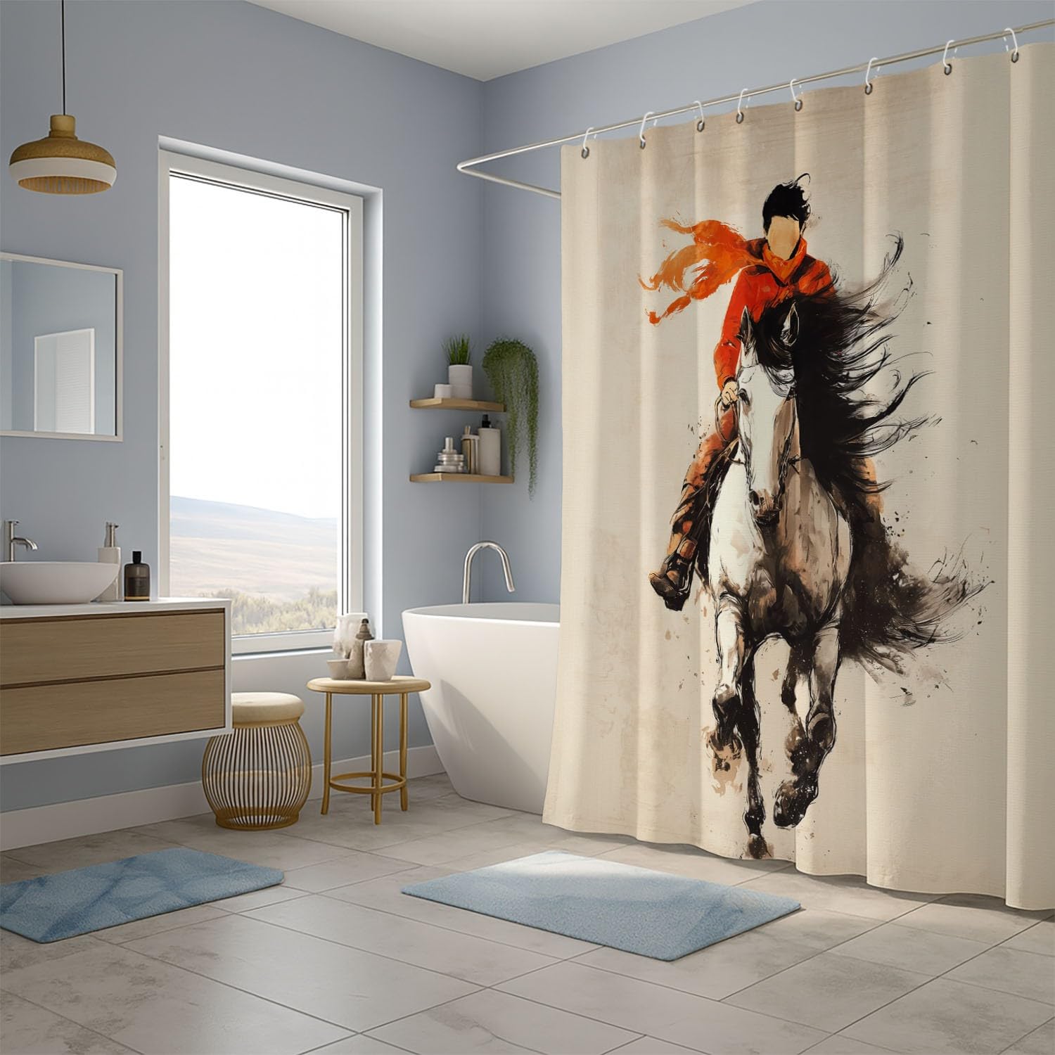 Generico Tenda da doccia Fantasia Cavallo Cowboy, Beige tenda da doccia Vintage per il bagno, tessuto in poliestere impermeabile con ganci 180 x 200 cm Per La Vasca Da Bagno Casa E Hotel Caravan