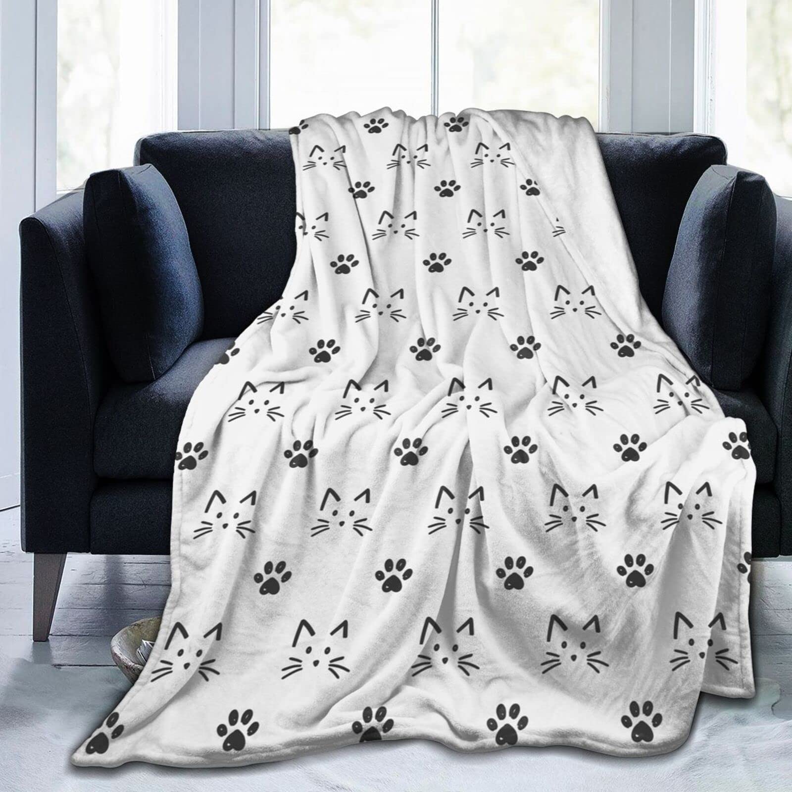 Lsjuee Funny Cats Face and Footprint Throw Blanket Soft Cozy Lightweight Blankets Cute Animal Cat Flannel Blanket for Sofa Couch Bed Office 50"X40"