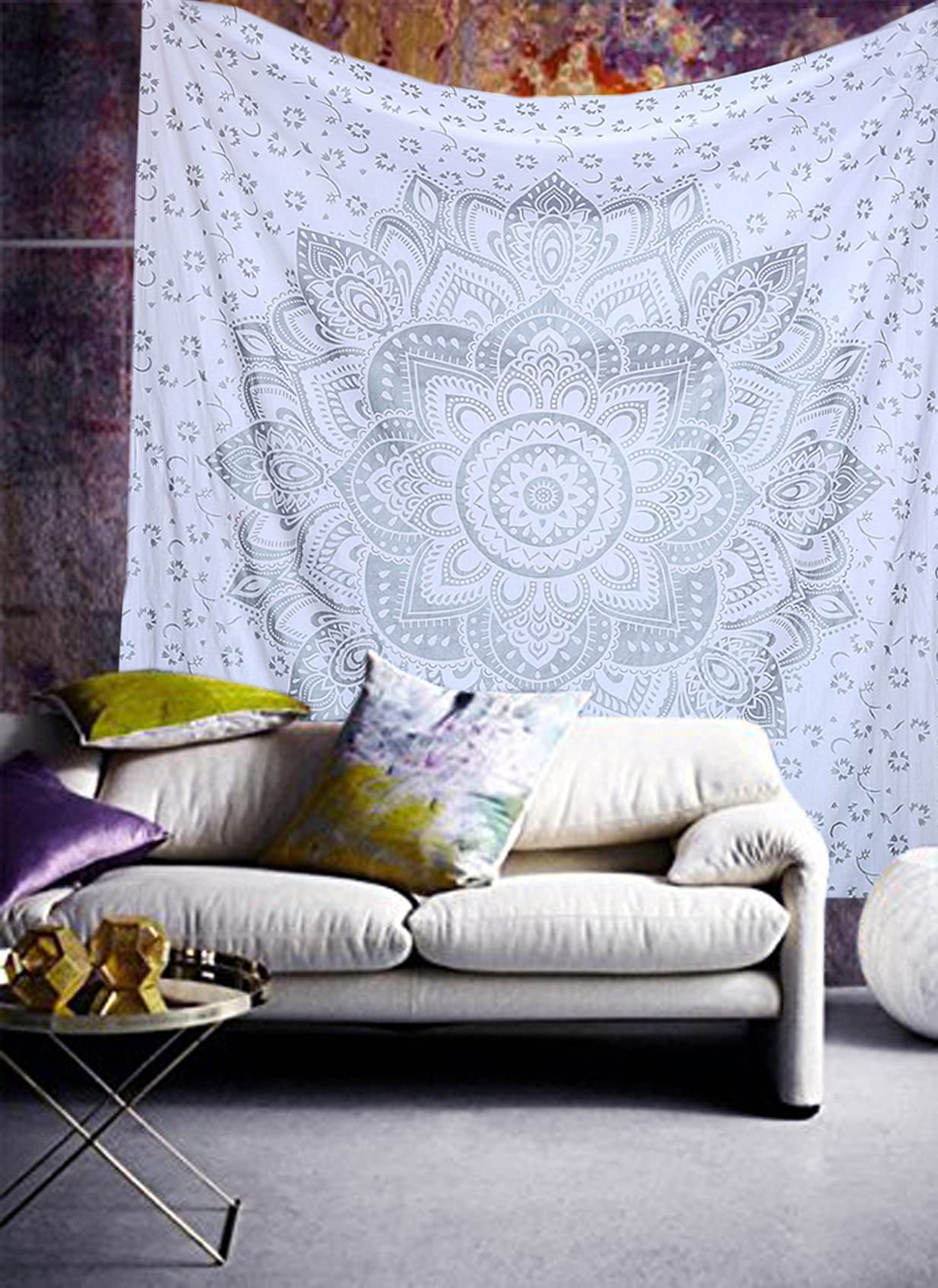 ［NEW］ハンドメイド 羊毛Tapestry Light gray×White Amazon.com: raajsee Metallic Silver Tapestry Grey Mandala Wall