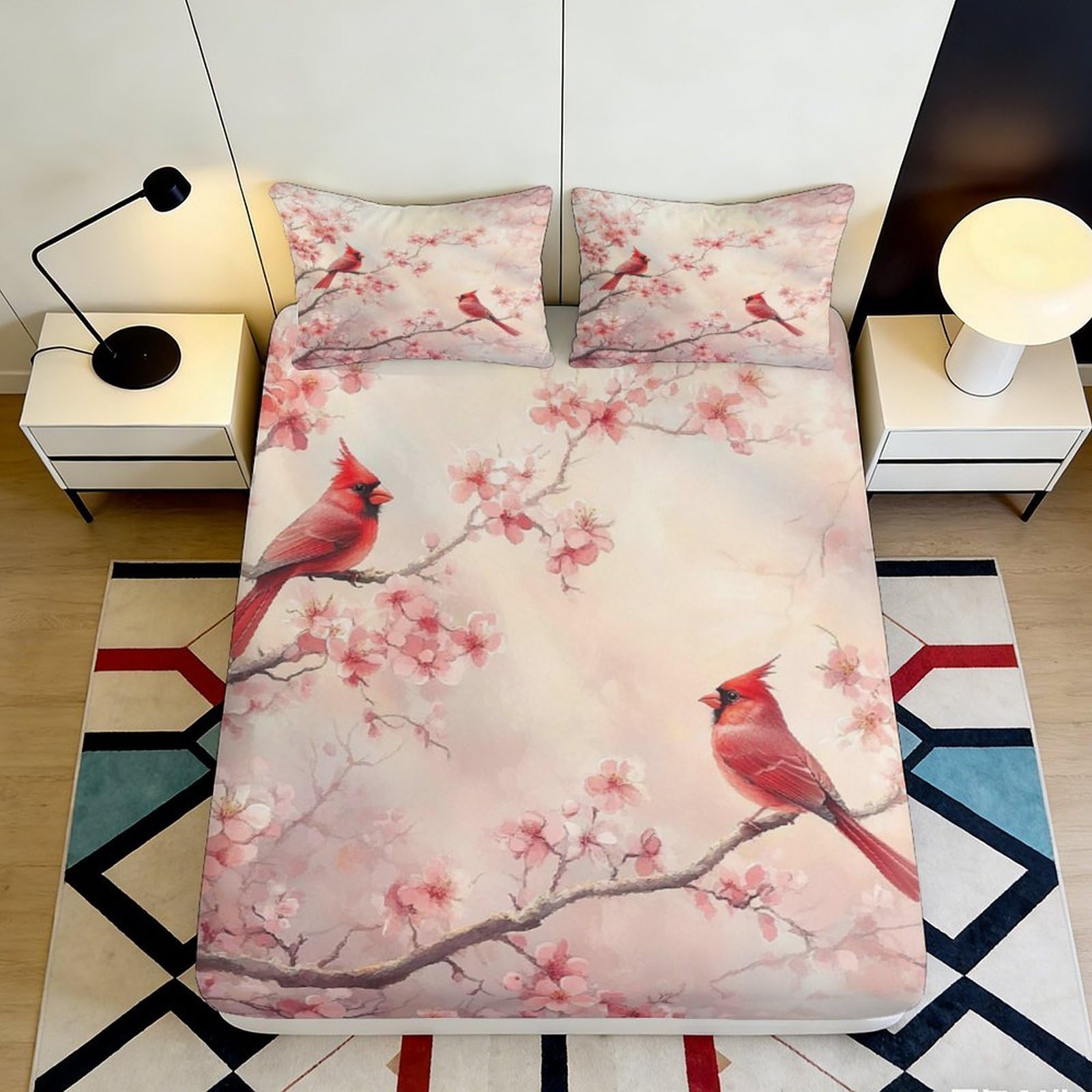 3D Printed Cherry Blossom Bird Fitted Sheet Microfiber Soft Pink Art Bed Cover for Bedroom Guestroom Decor 90x200x25cm