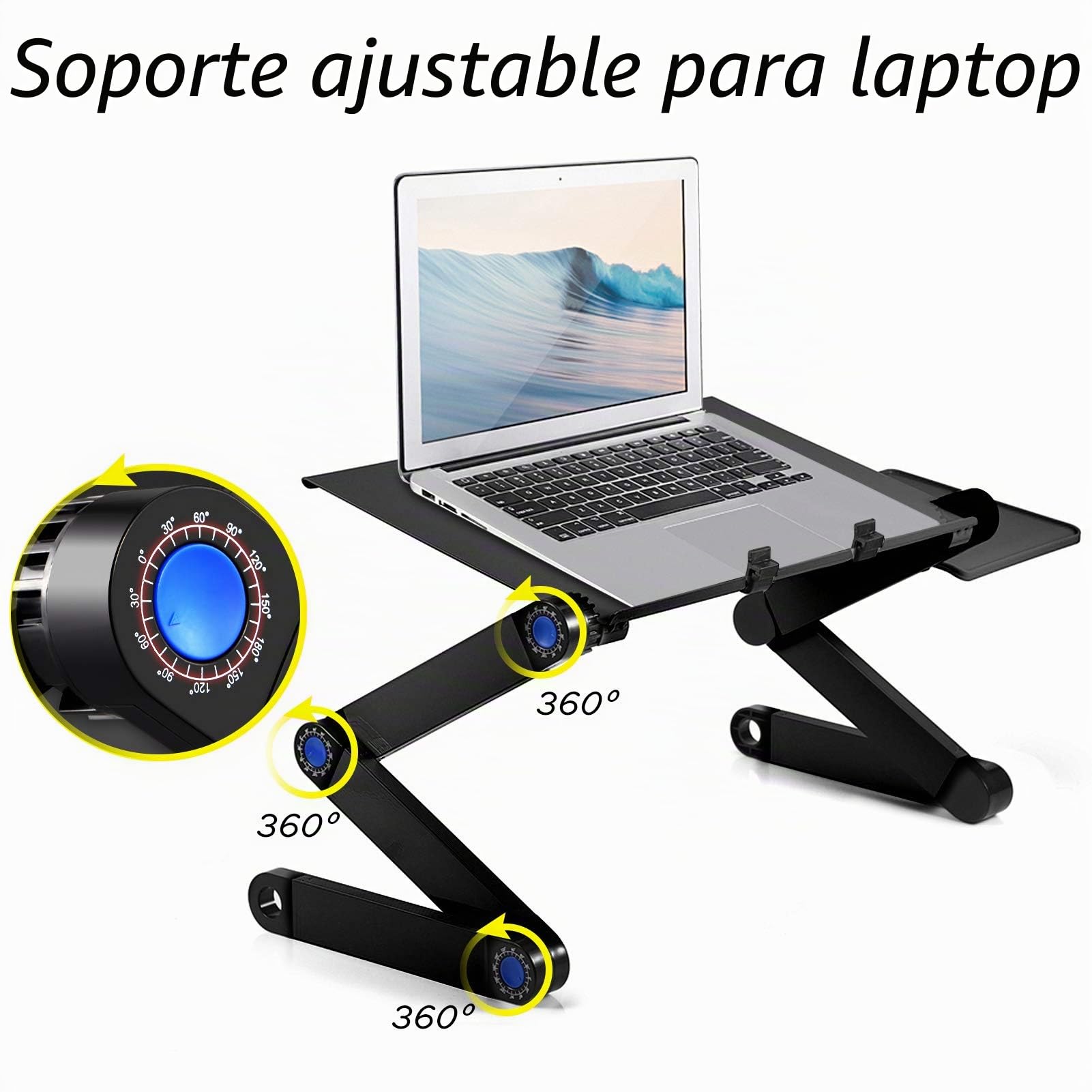Soporte Ajustable para Computadora Portátil, Mesa de Cama Plegable con 2 Ventiladores de Enfriamiento y Bandeja para Mouse, Negro