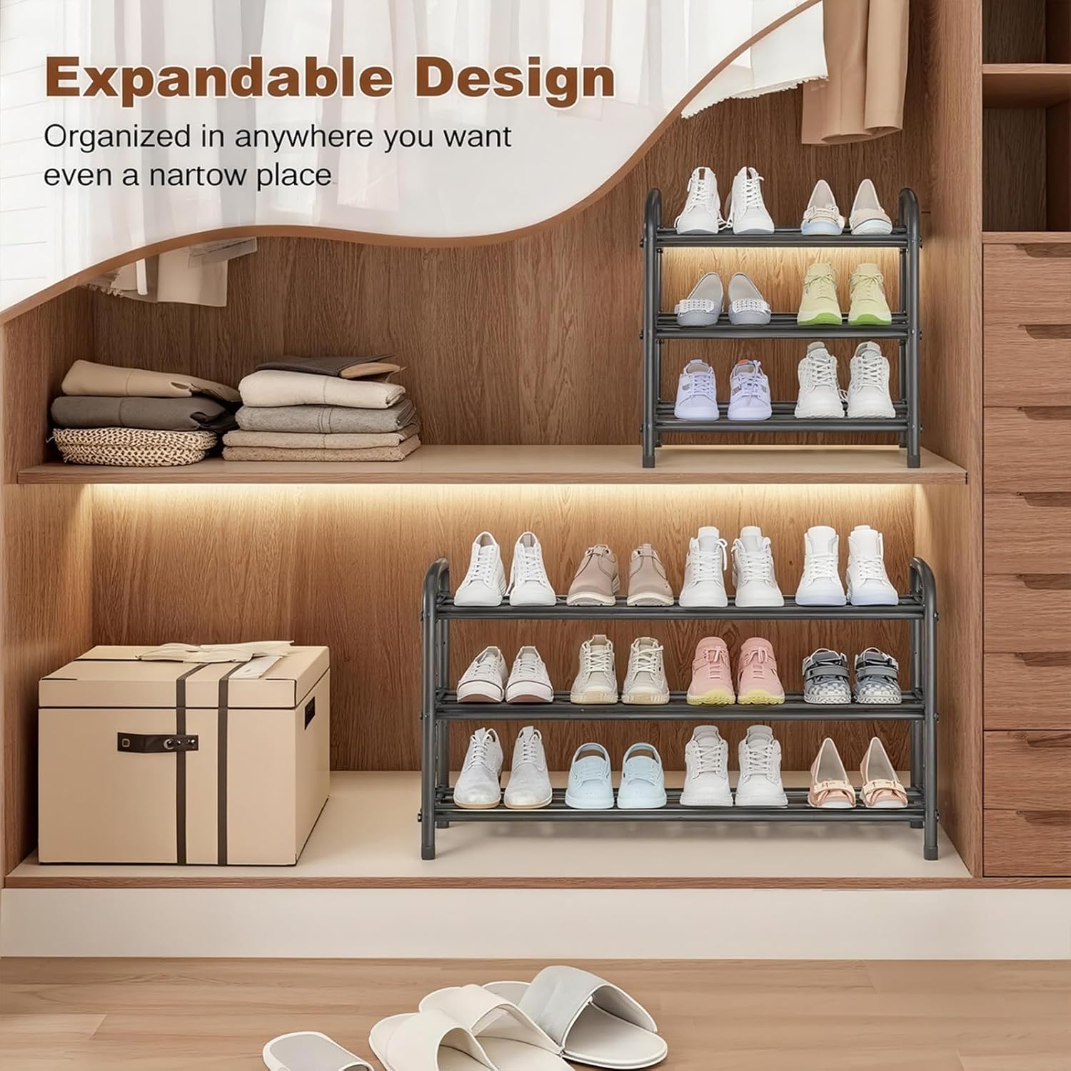 Aniston Expandable Shoe Rack, 17.6"-32" Adjustable Small Shoe Rack, 3 Tier Metal Shoe Shelf for for Closet, Entryway, Hallway, Garage, Dormitory (3 Tier)