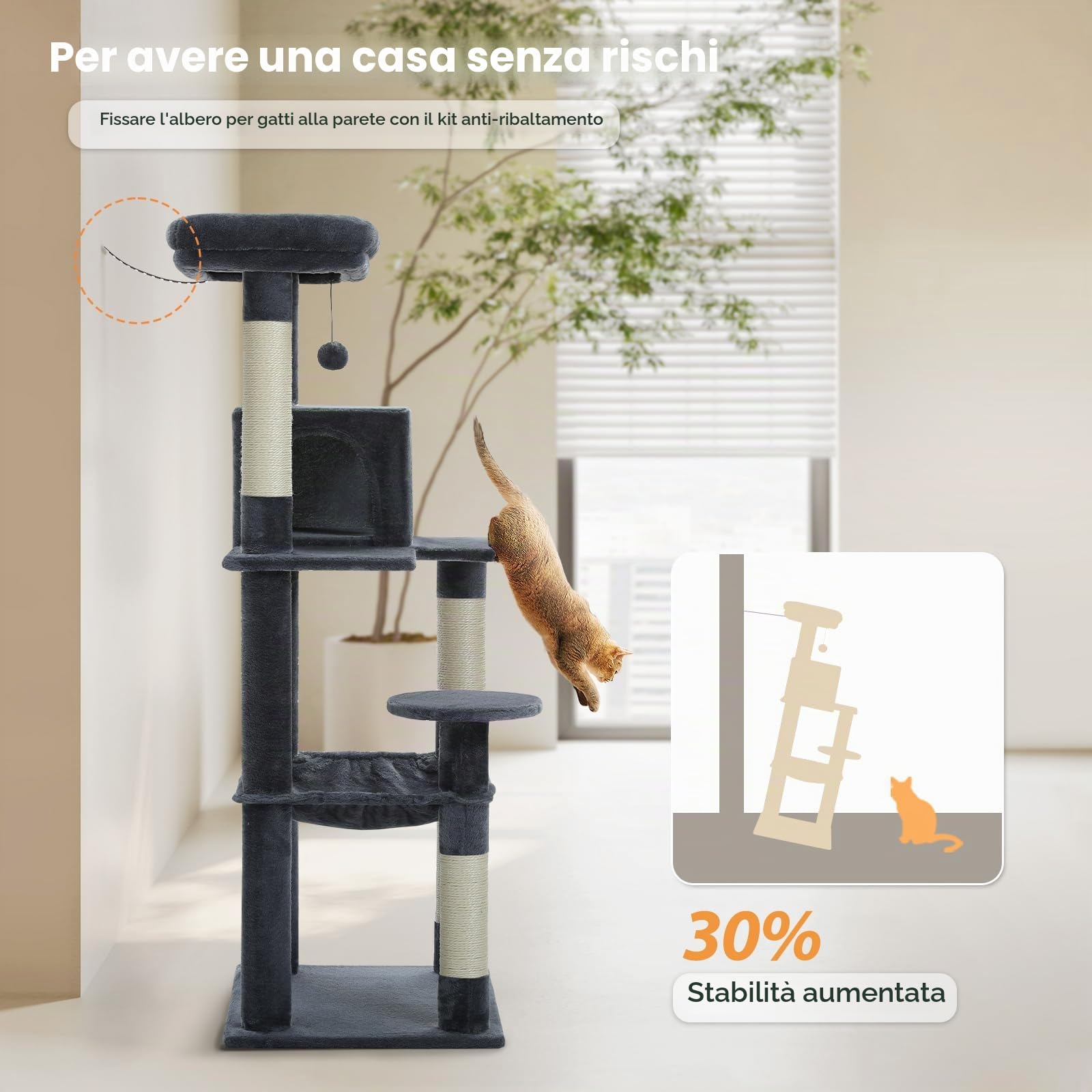 PAWZ Road Albero per Gatti Grande Con Amaca in Metallo Felpato - Torre da 143 cm Con Casa Condominiale a 2 Porte e 6 Ripiani