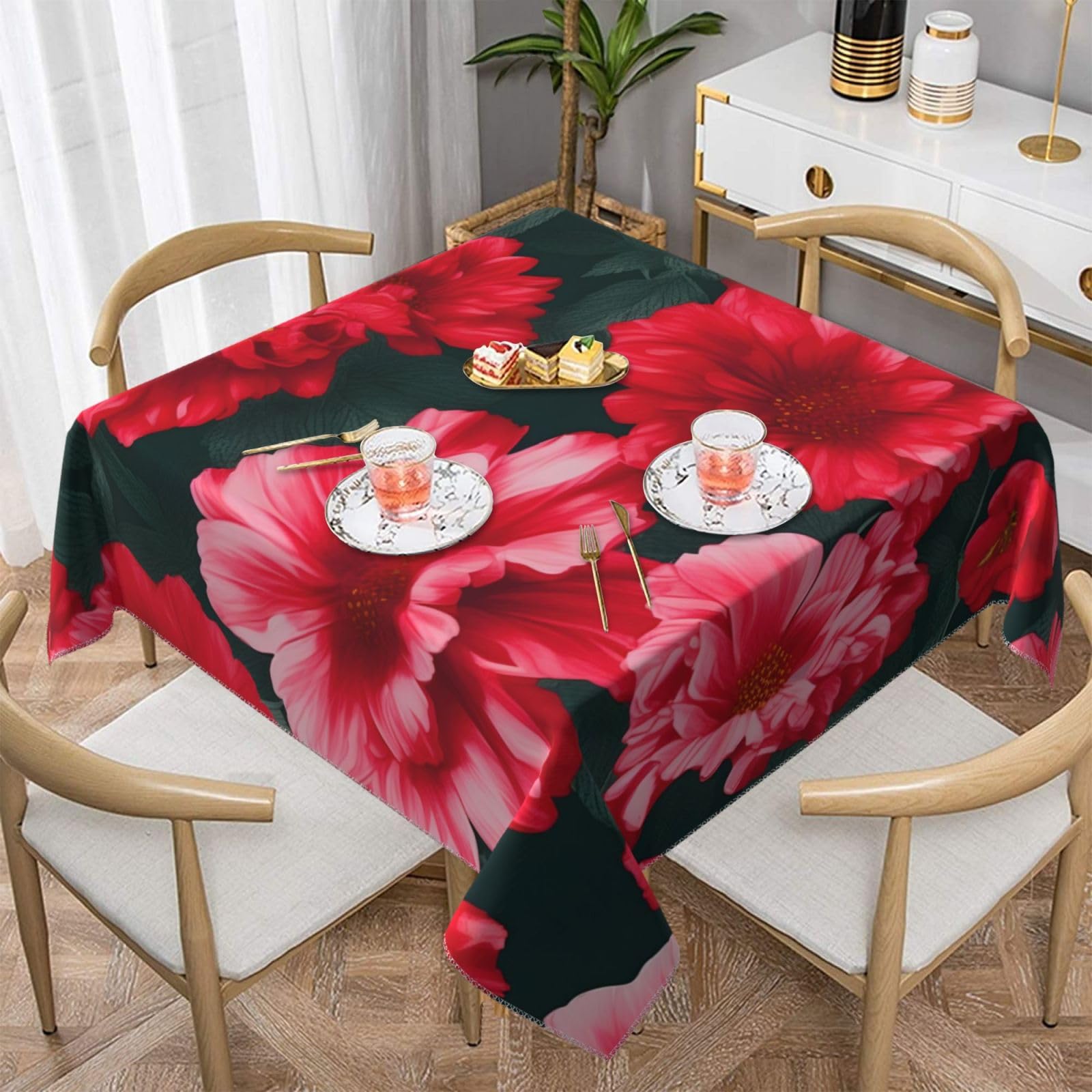 Nappe carrée à fleurs rouges pour salle à manger et décoration table de Noël