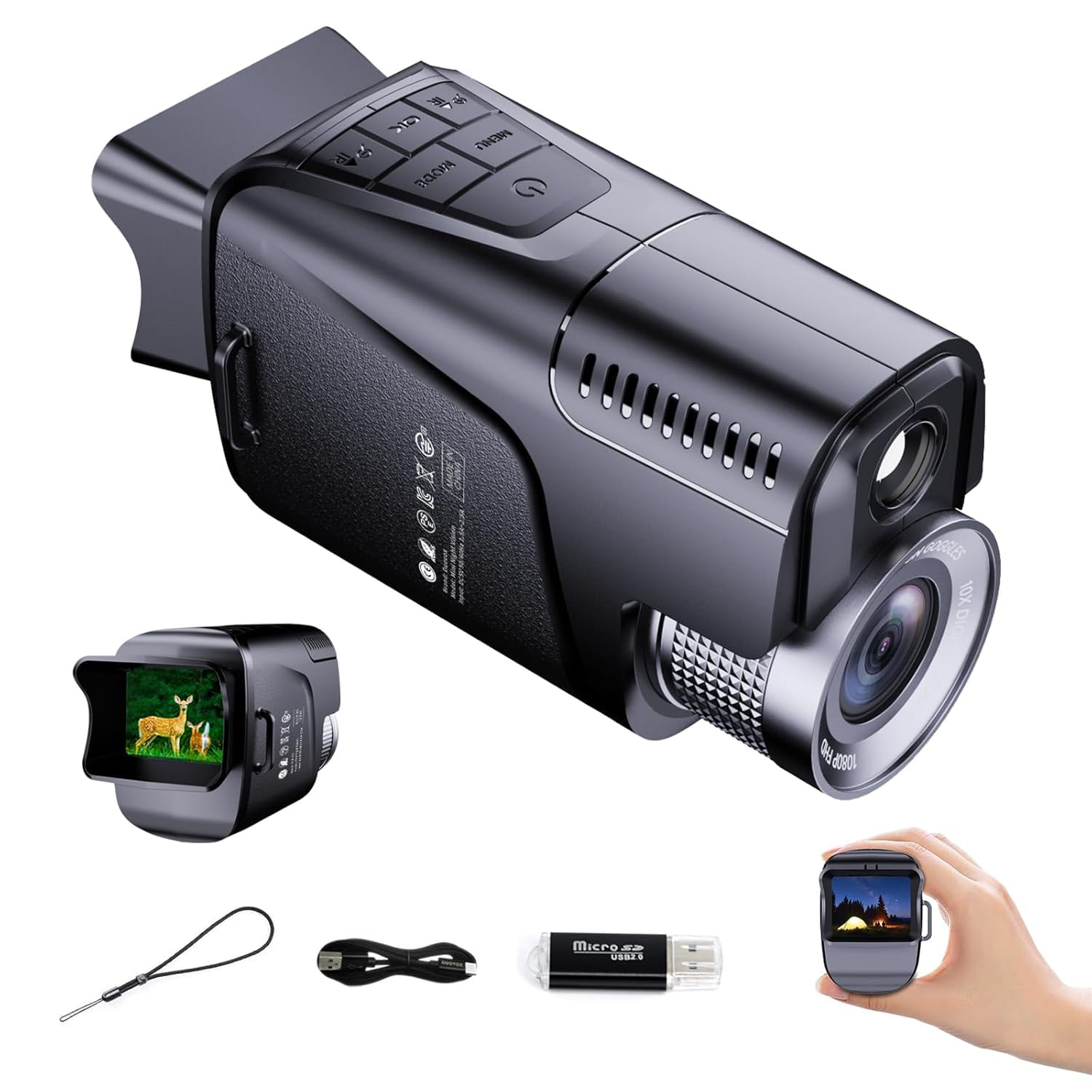 calmora 1080p fhd night vision mono-culars with 850nm ir illuminator, 1500m night range, 10x digital zoom, 7-layer coated lens, 2 inch tft screen, ipx4 waterproof, 5 hours battery life