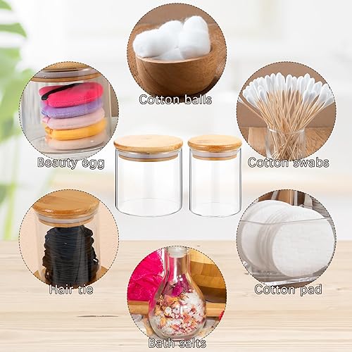 Miniatura 6 de Dandat Paquete de 6 tarros de vidrio con tapas, tarros de bambú para baño, almohadilla de bolas de algodón, dispensador de hisopos redondos,