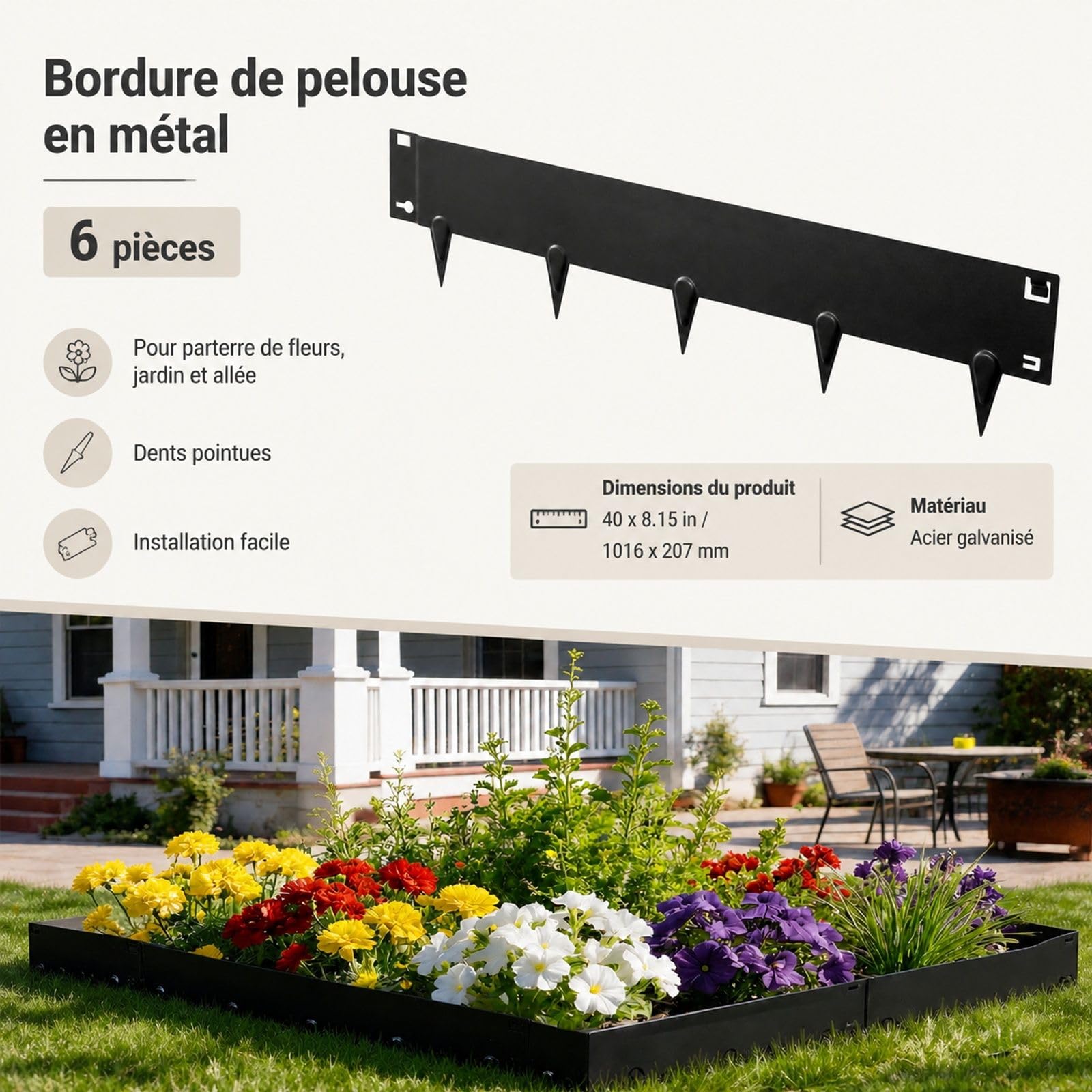 Bordure de Jardin en Acier galvanisé Lot de 6 pour pelouse massifs allées et Cour