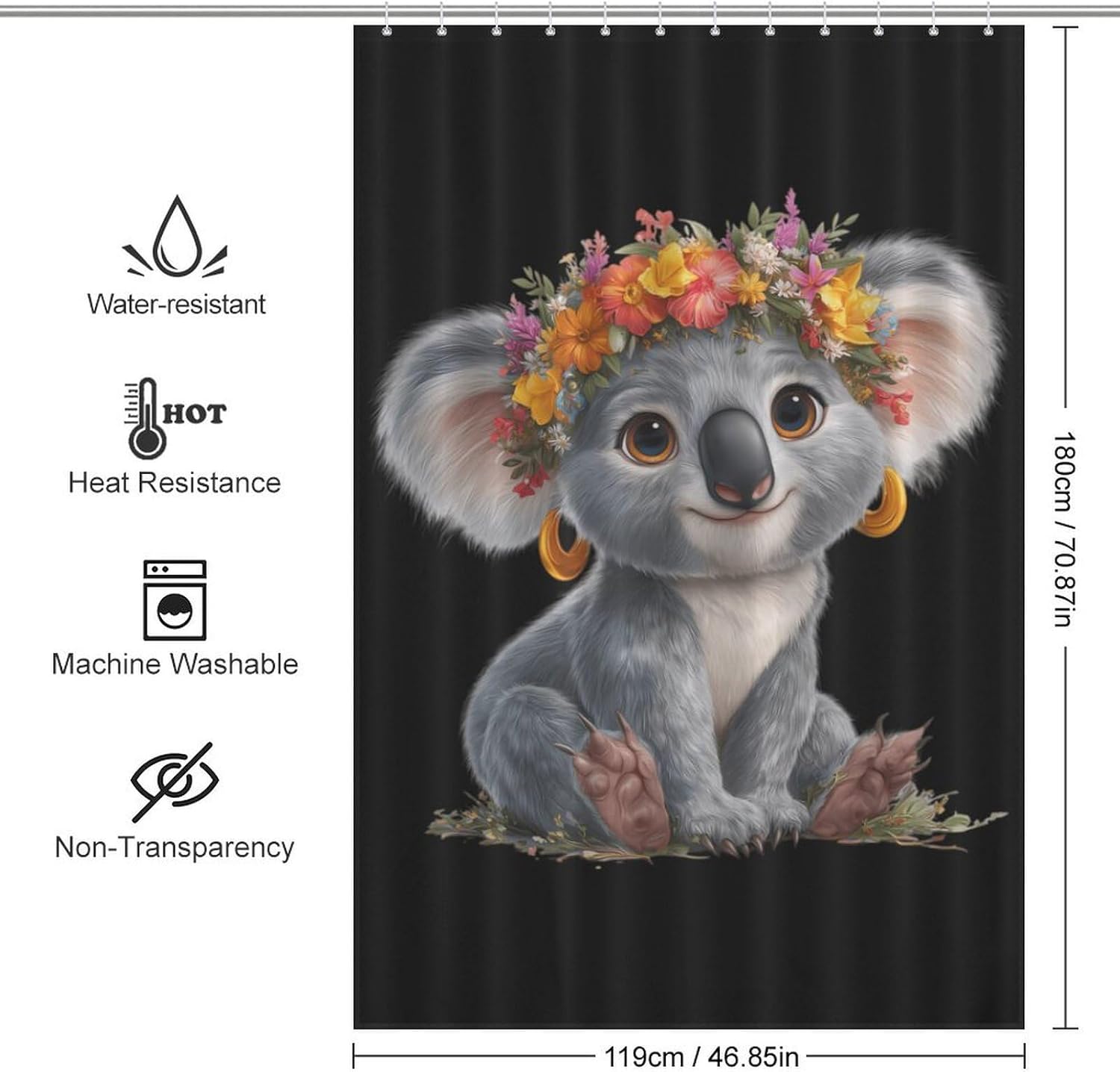Cute Animal Koala Shower Curtain 46.85x70.87Inch（119x180cm） Polyester Bath Curtain Shower Curtains Printed Decorative