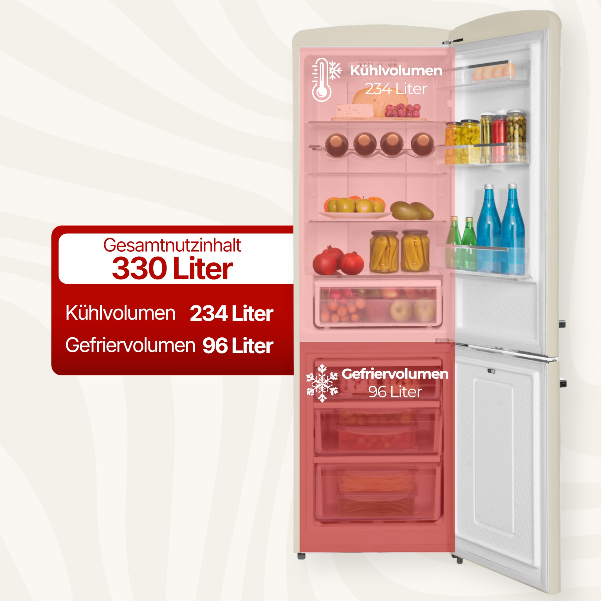 Amica KGCR 387 109 B Retro lodówko-zamrażarka, 200 cm wysokości, 60 cm szerokości, 330 l/EEK D/wolnostojąca/krem do kawy